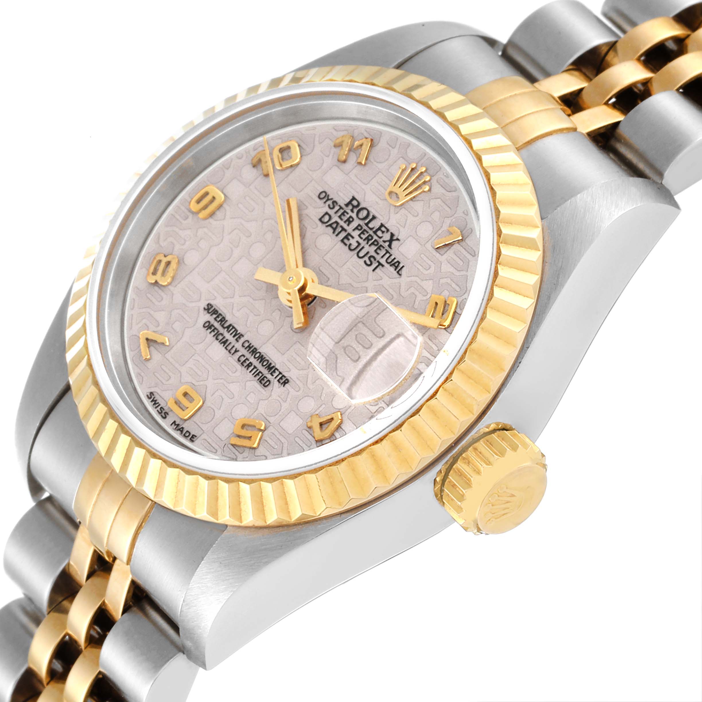 This is a close-up angle of a Rolex Datejust 69173 Women's Steel and Gold (two tone) Beige Dial 69173 Women's Steel and Gold (two tone) Beige Dial watch showing its dial, fluted bezel, crown, and part of the jubilee bracelet.