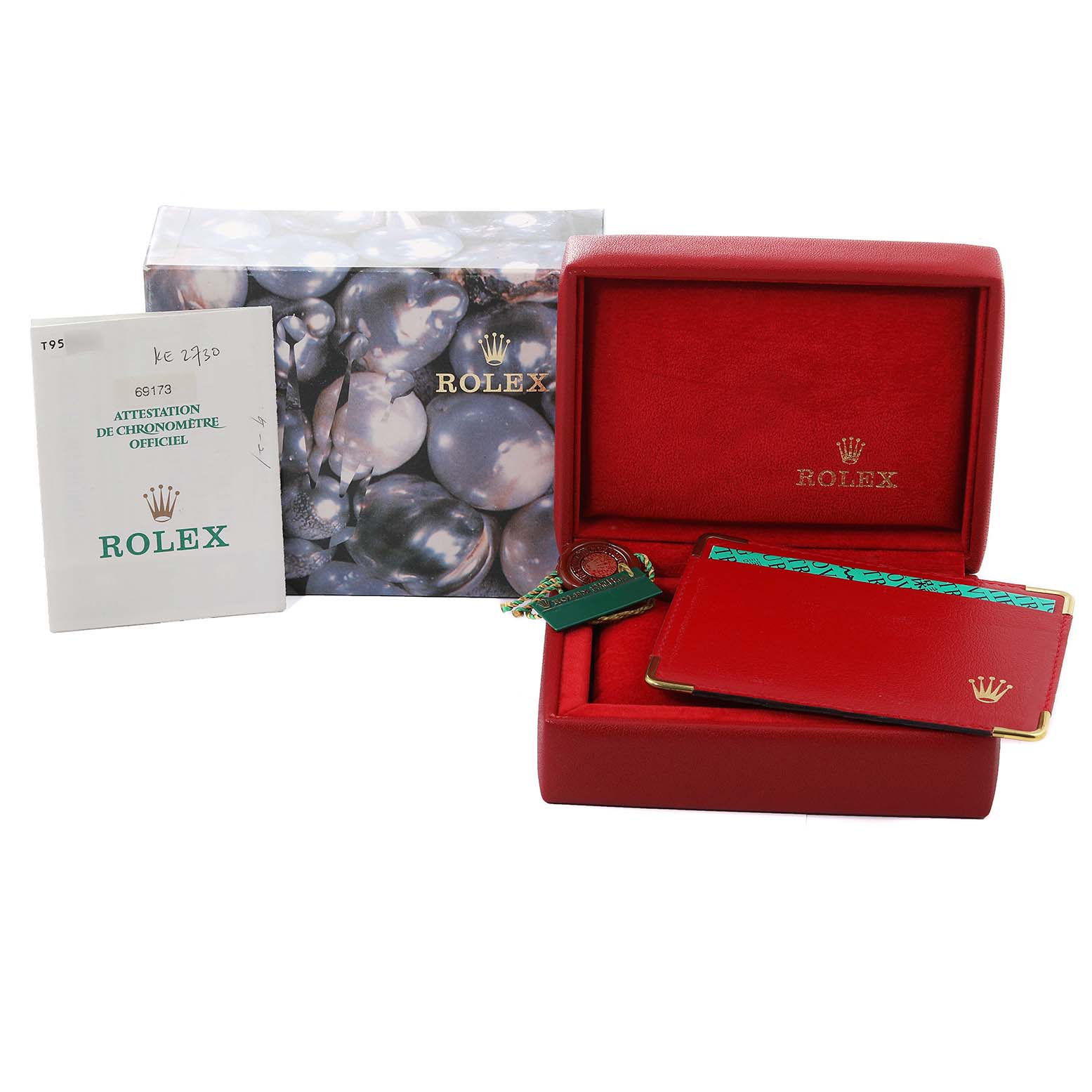 The image shows Rolex Datejust 69173 Women's Steel and Gold (two tone) Beige Dial 69173 Women's Steel and Gold (two tone) Beige Dial accessories, including a red box, warranty cardholder, manual, and tags.