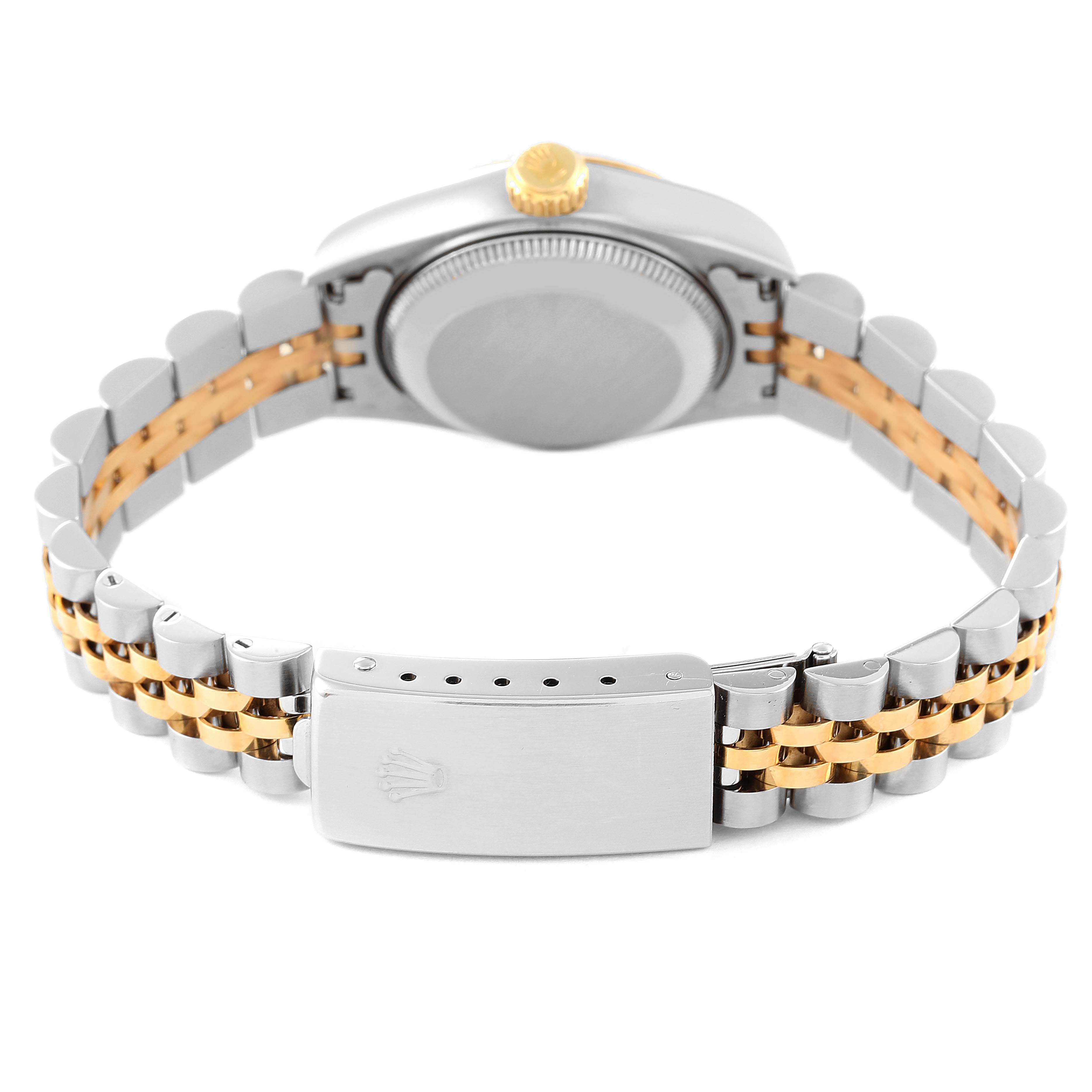 The image shows the back view of a Rolex Datejust 69173 Women's Steel and Gold (two tone) Beige Dial 69173 Women's Steel and Gold (two tone) Beige Dial watch, highlighting the case back, crown, and Jubilee bracelet with a clasp.