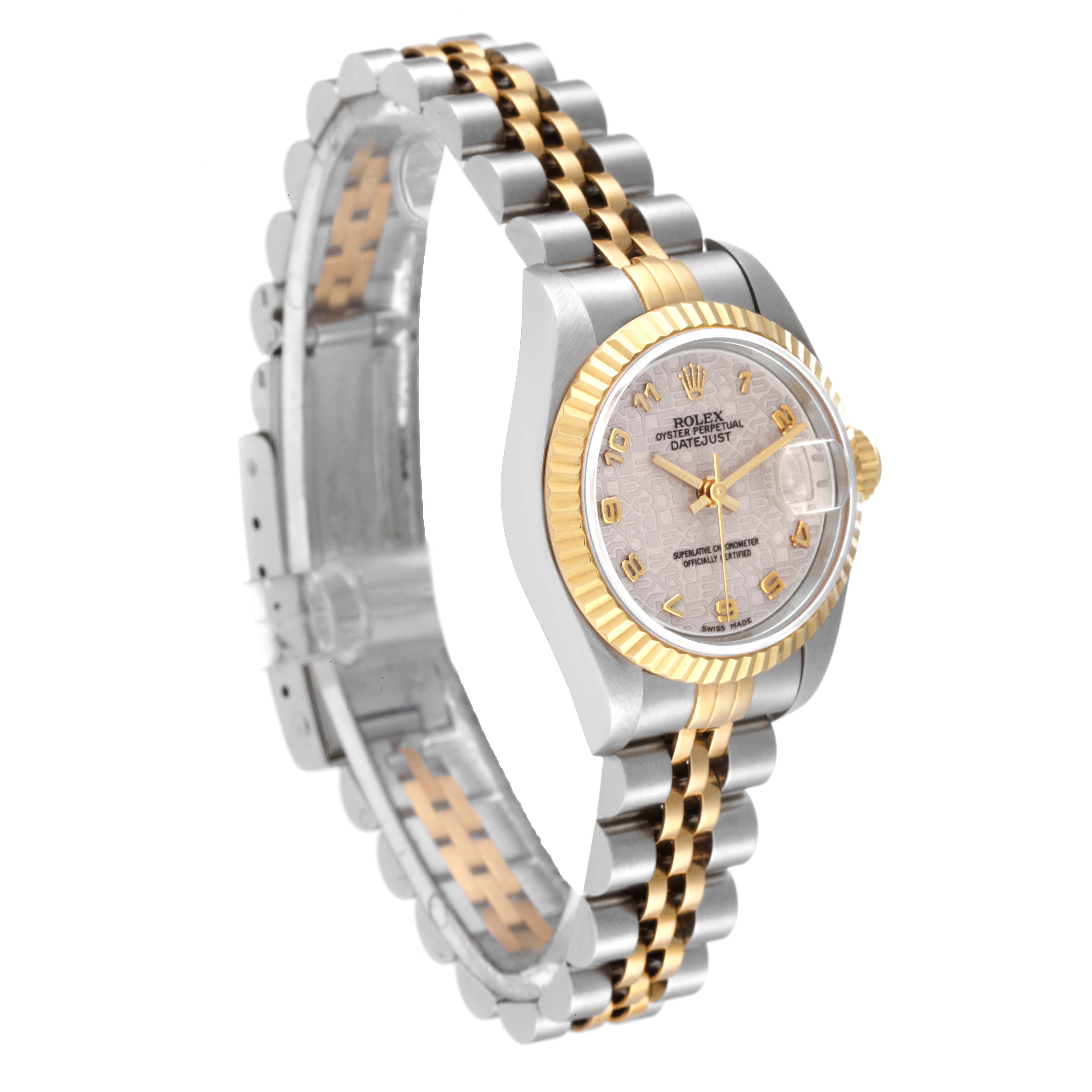 This image shows a Rolex Datejust 69173 Women's Steel and Gold (two tone) Beige Dial 69173 Women's Steel and Gold (two tone) Beige Dial watch from a three-quarter angle, highlighting the dial, bezel, and bracelet.
