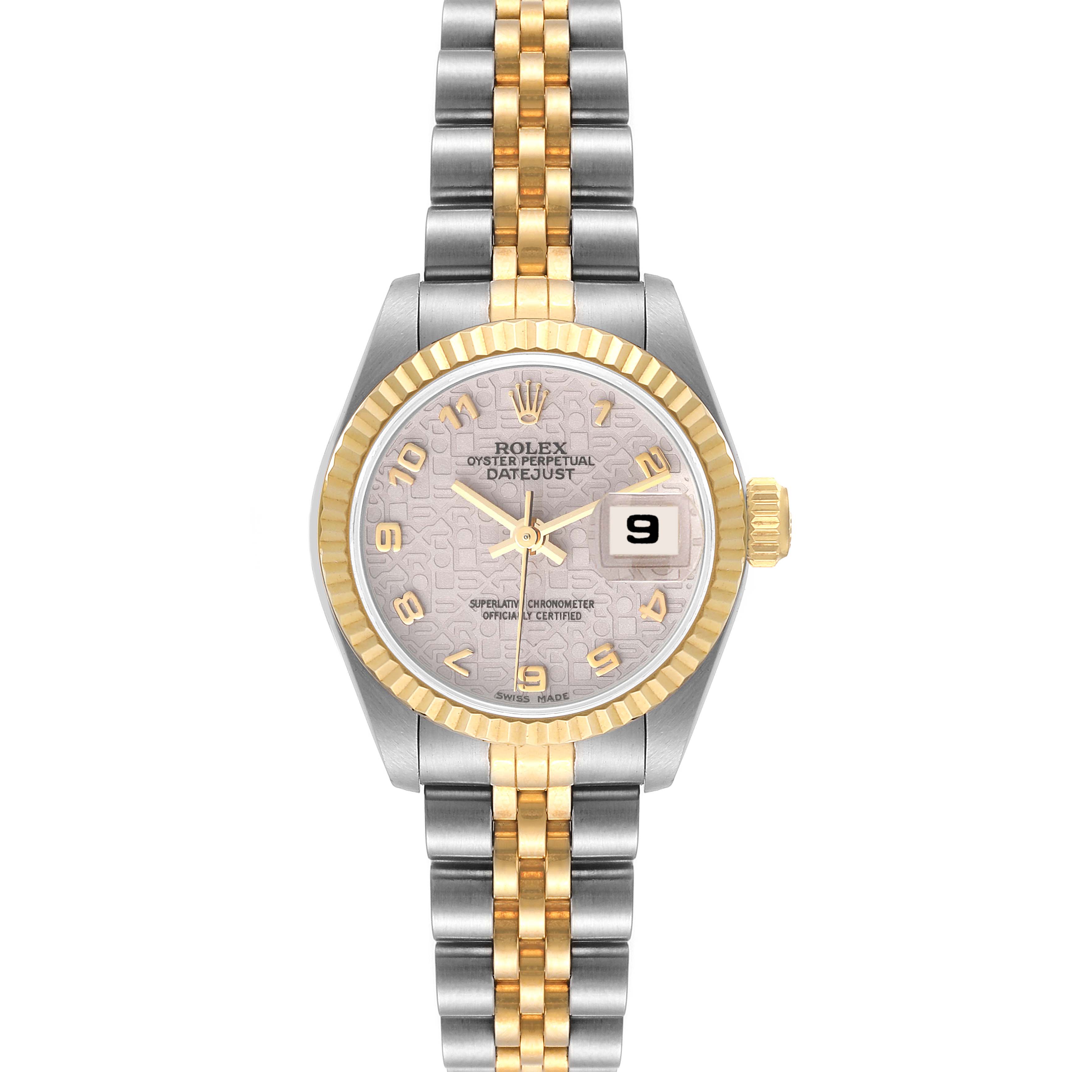 This image shows a front view of the Rolex Datejust 69173 Women's Steel and Gold (two tone) Beige Dial 69173 Women's Steel and Gold (two tone) Beige Dial, displaying the dial, bezel, and jubilee bracelet.