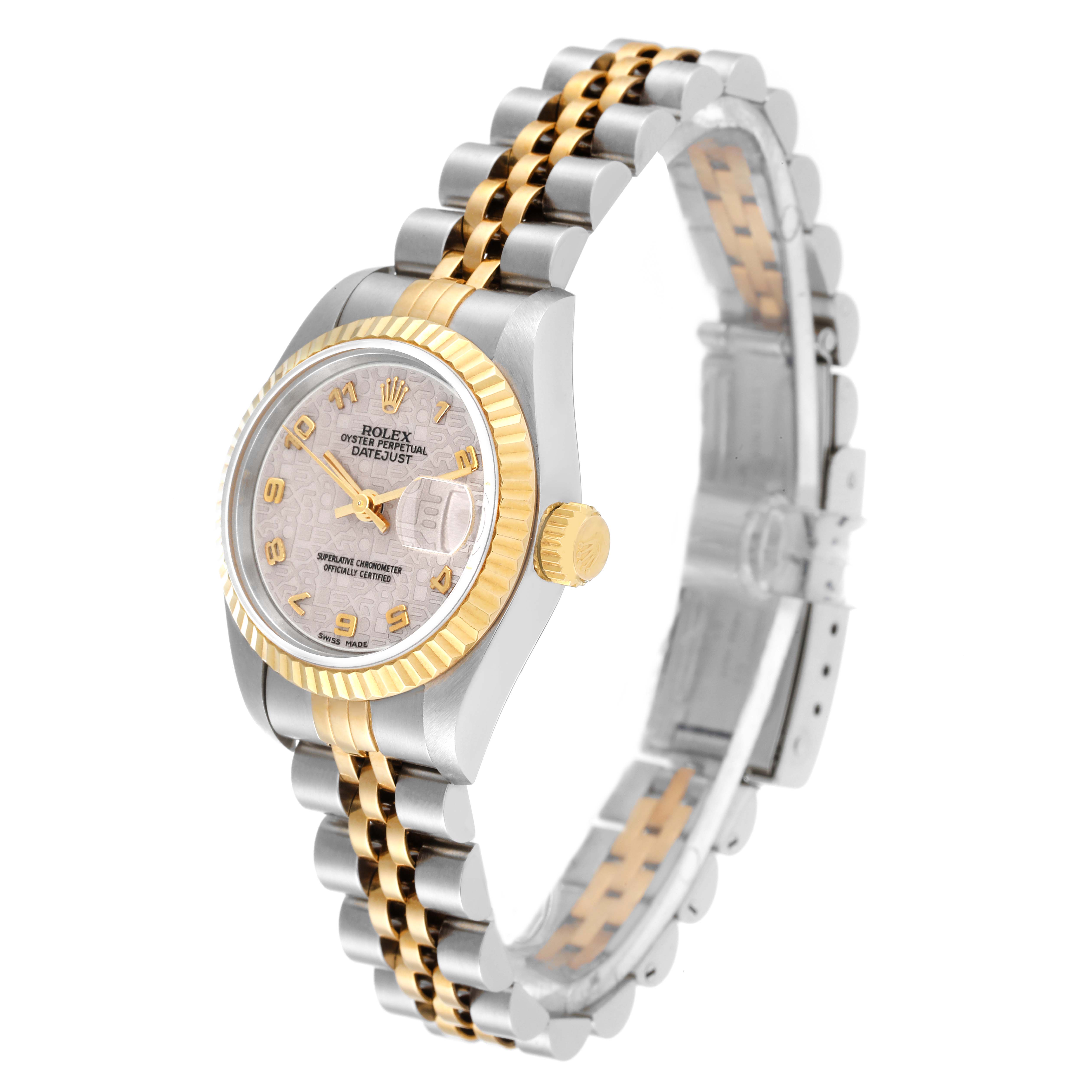 This Rolex Datejust 69173 Women's Steel and Gold (two tone) Beige Dial 69173 Women's Steel and Gold (two tone) Beige Dial watch is shown at an angle displaying its face, bezel, crown, and two-tone bracelet.