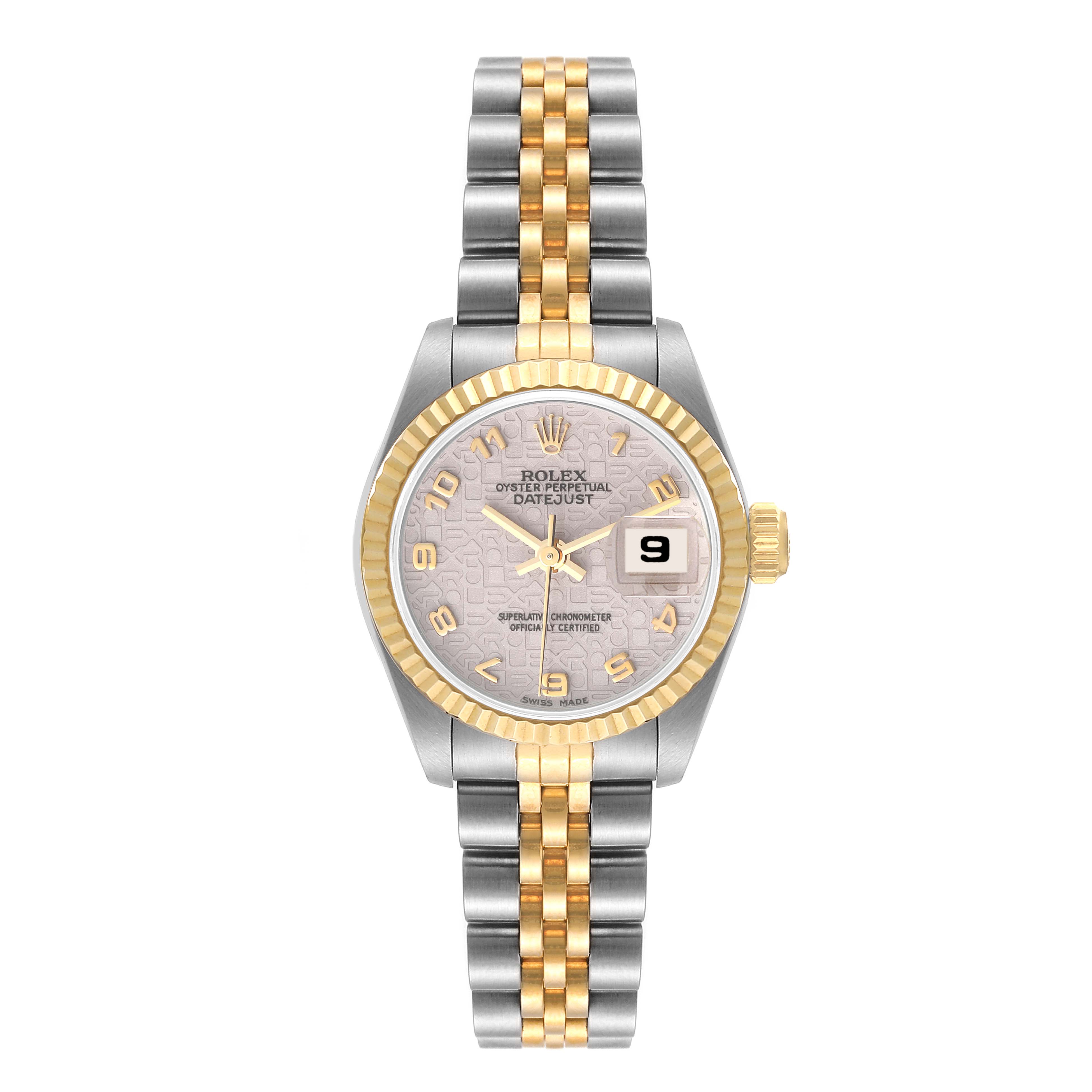 This Rolex Datejust 69173 Women's Steel and Gold (two tone) Beige Dial 69173 Women's Steel and Gold (two tone) Beige Dial model is shown from the front, displaying the full face, bezel, and bracelet.