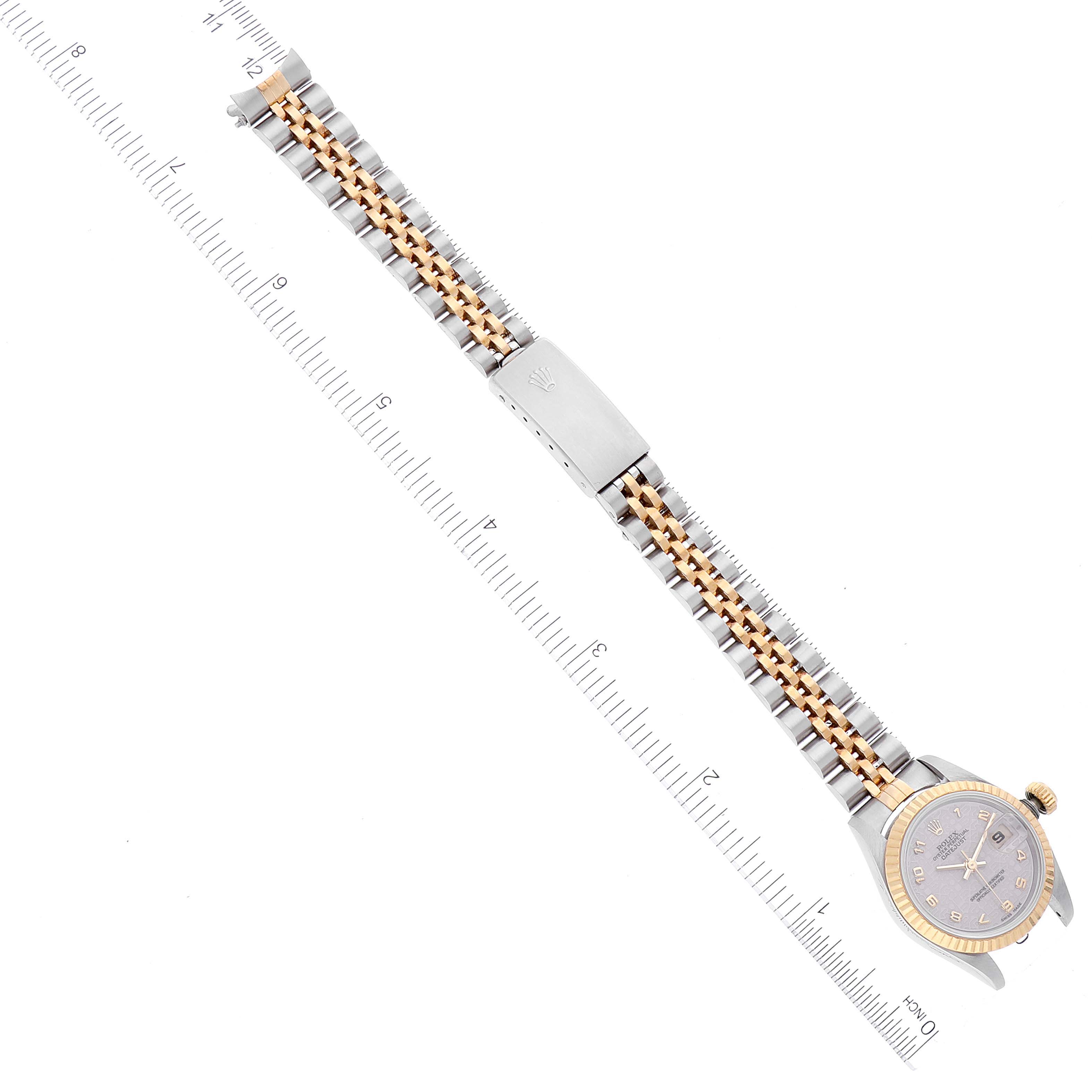 The image shows a Rolex Datejust 69173 Women's Steel and Gold (two tone) Beige Dial 69173 Women's Steel and Gold (two tone) Beige Dial watch, depicted from an overhead angle, displaying the dial, bracelet, and clasp.