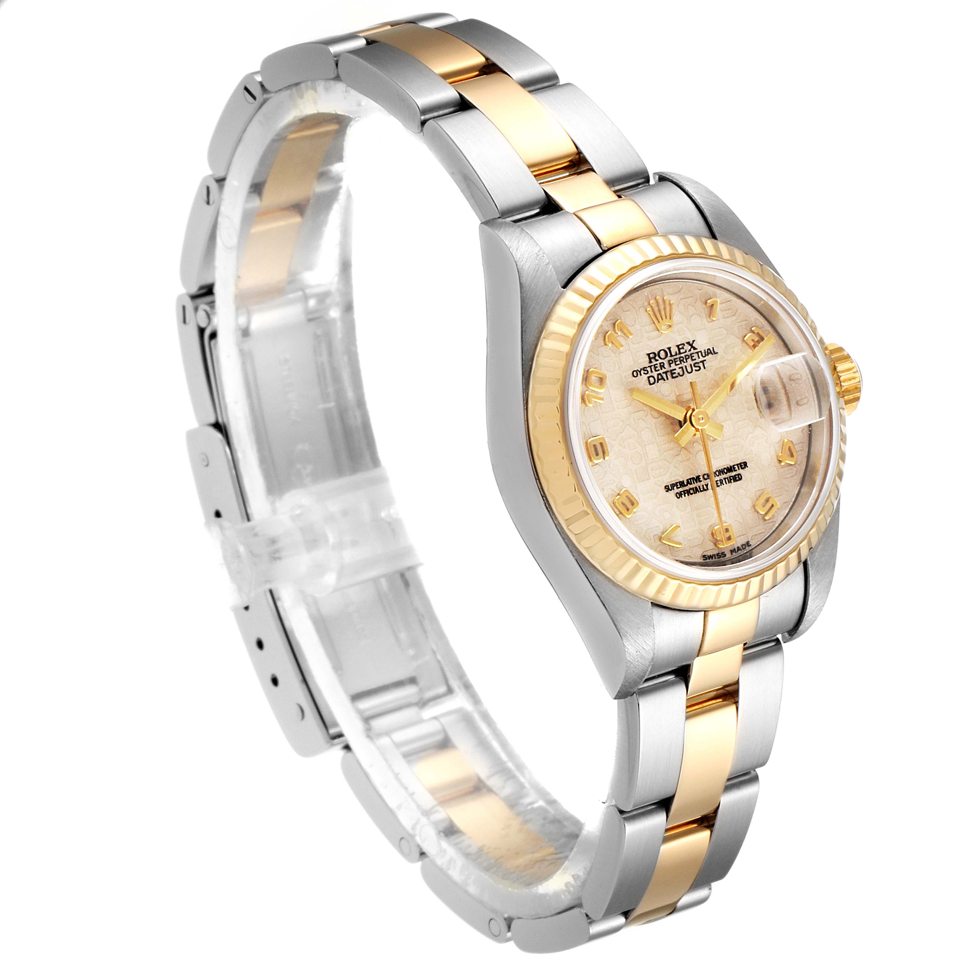 The image shows a Rolex Datejust 79173 Women
s Steel and Gold (two tone) Beige Dial 79173 Women
s Steel and Gold (two tone) Beige Dial watch from an angled side view, displaying the dial, bezel, and bracelet.