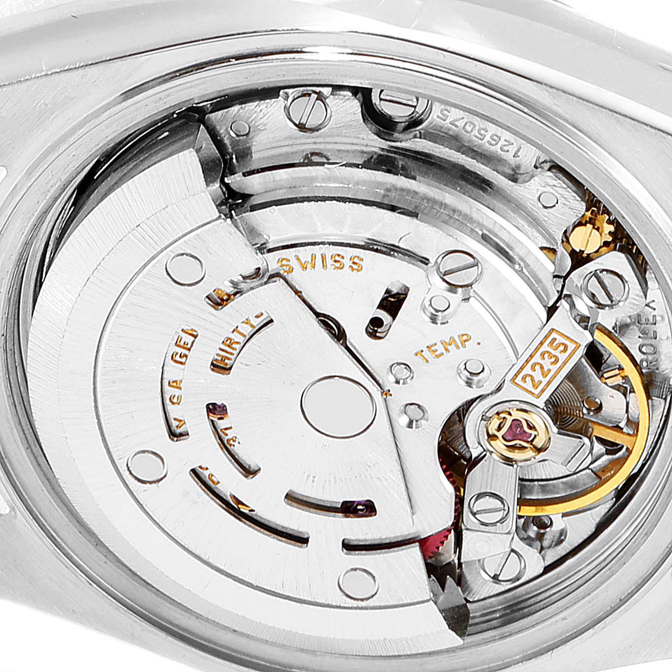 This image shows the movement and internal mechanisms of the Rolex Datejust 79173 Women
s Steel and Gold (two tone) Beige Dial 79173 Women
s Steel and Gold (two tone) Beige Dial model.