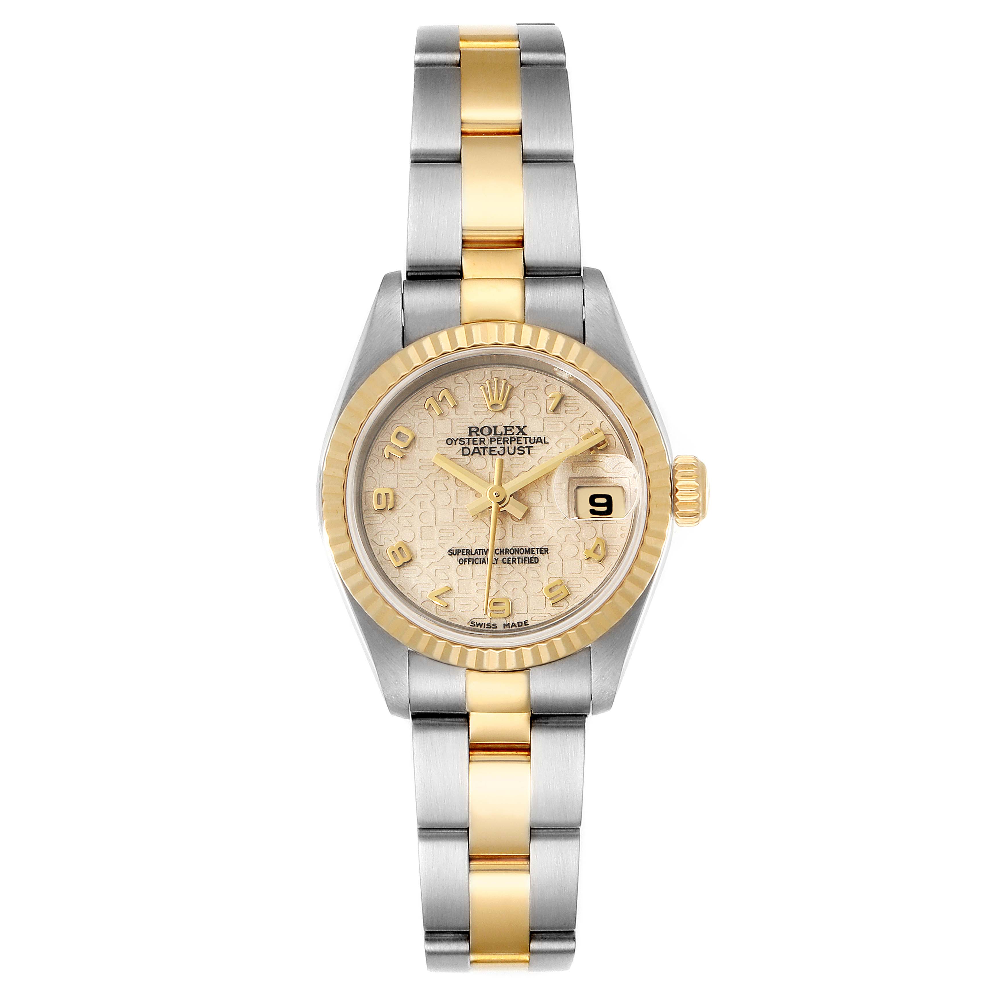 The image shows a Rolex Datejust 79173 Women
s Steel and Gold (two tone) Beige Dial 79173 Women
s Steel and Gold (two tone) Beige Dial watch from a straight-on angle, highlighting the face, bezel, and two-tone bracelet.