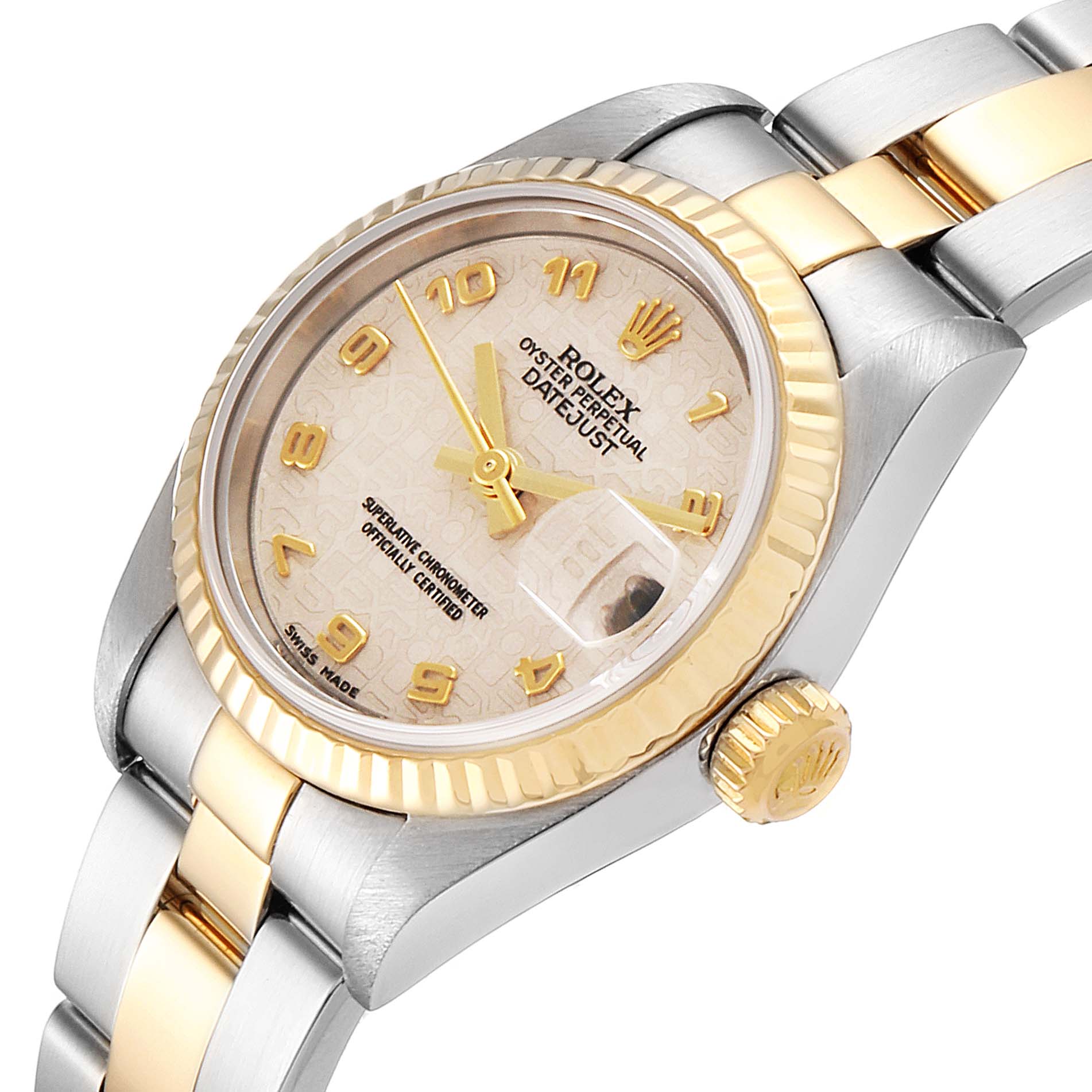 This image shows a close-up of the Rolex Datejust 79173 Women
s Steel and Gold (two tone) Beige Dial 79173 Women
s Steel and Gold (two tone) Beige Dial watch featuring its dial, bezel, crown, and part of the bracelet at an angled view.