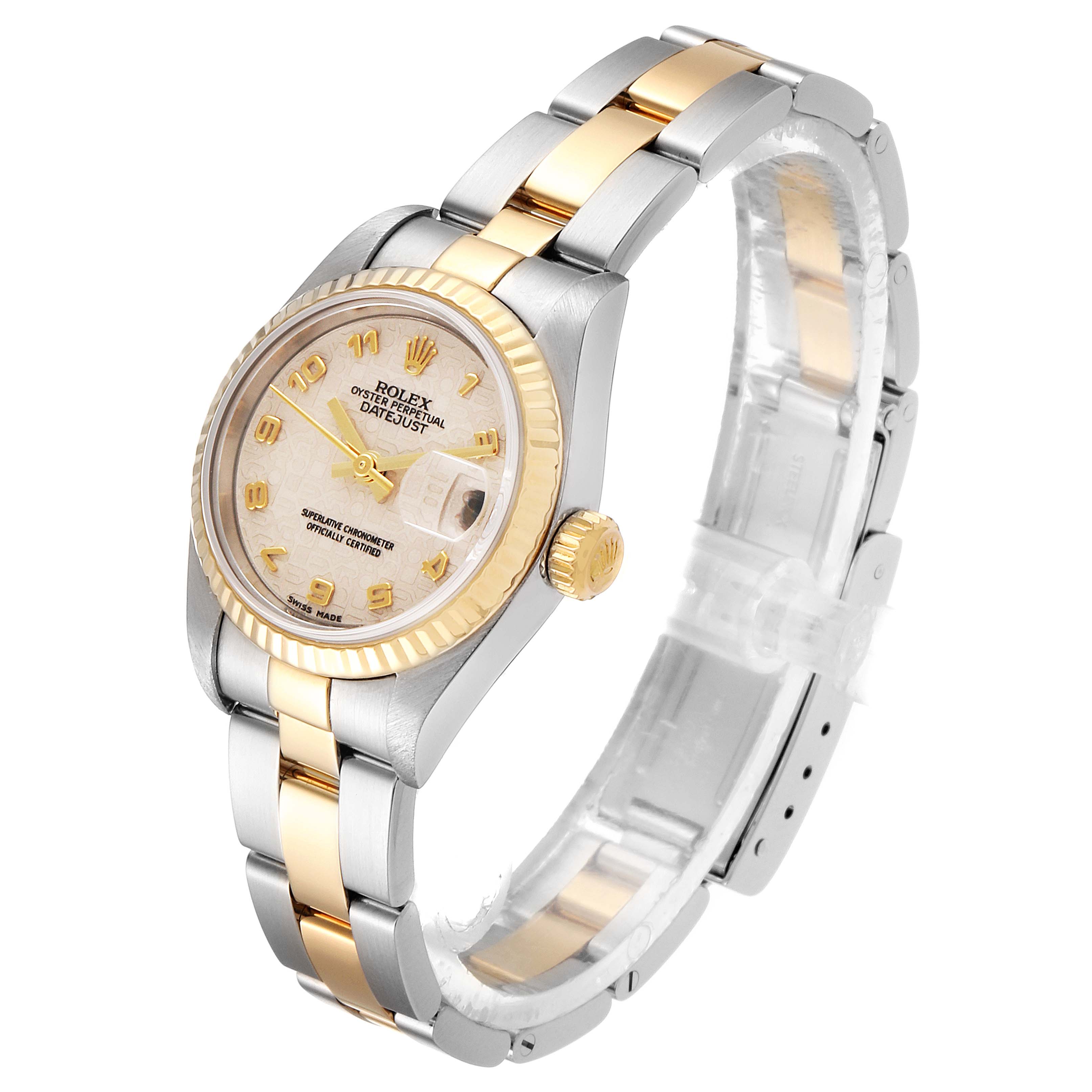 This Rolex Datejust 79173 Women
s Steel and Gold (two tone) Beige Dial 79173 Women
s Steel and Gold (two tone) Beige Dial model watch is shown at a slight top-side angle, highlighting its dial, bezel, and bracelet.