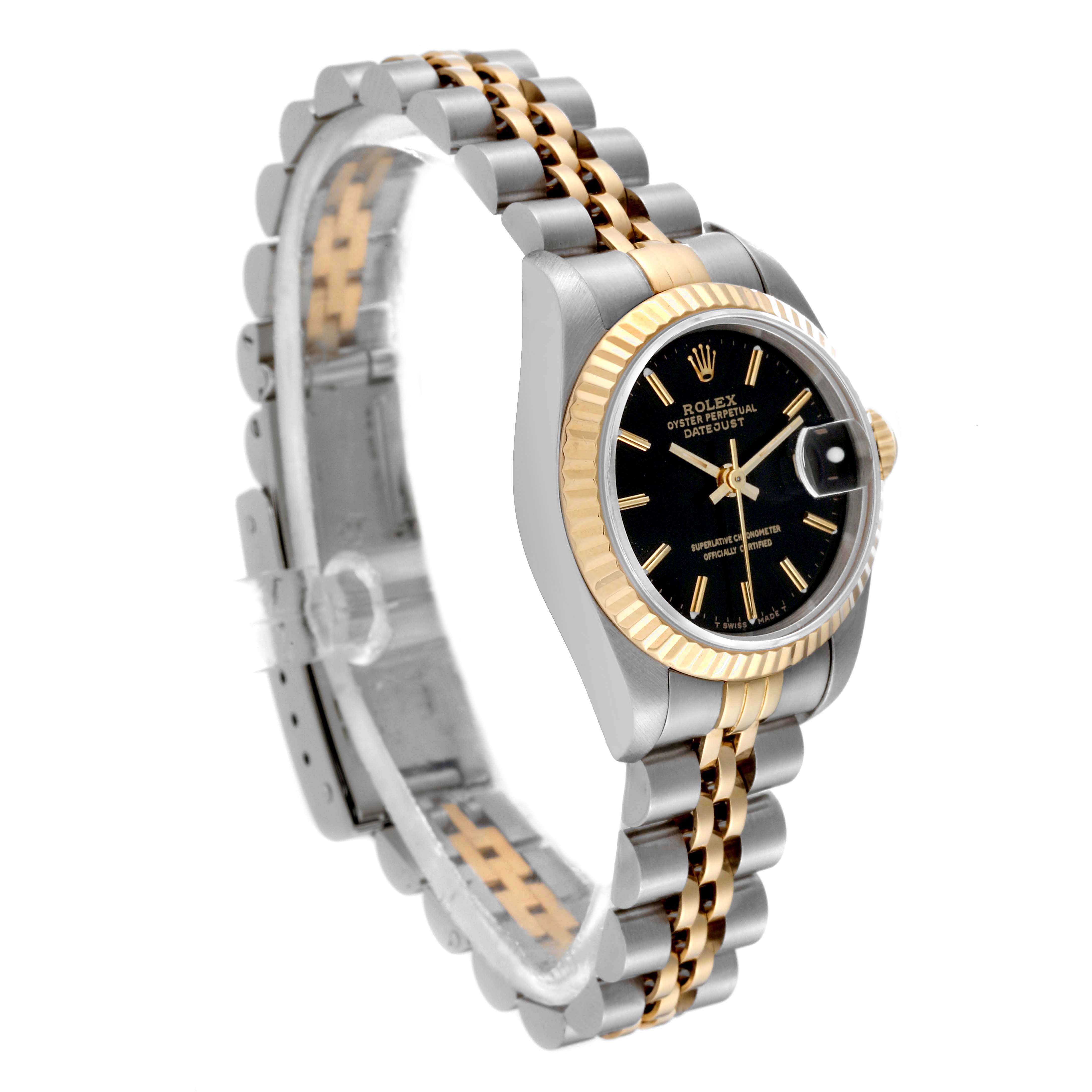 The Rolex Datejust 69173 Women's Steel and Gold (two tone) Black Dial is shown at a three-quarter angle, highlighting the two-tone bracelet, fluted bezel, and black dial with date.