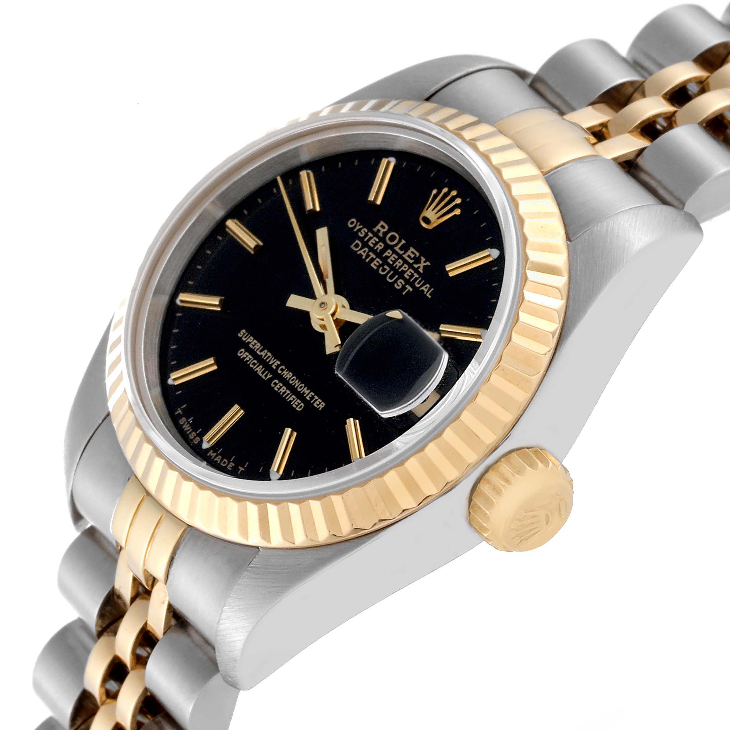 The Rolex Datejust 69173 Women's Steel and Gold (two tone) Black Dial is shown from a high angle, highlighting the black dial, fluted bezel, and crown on the side.
