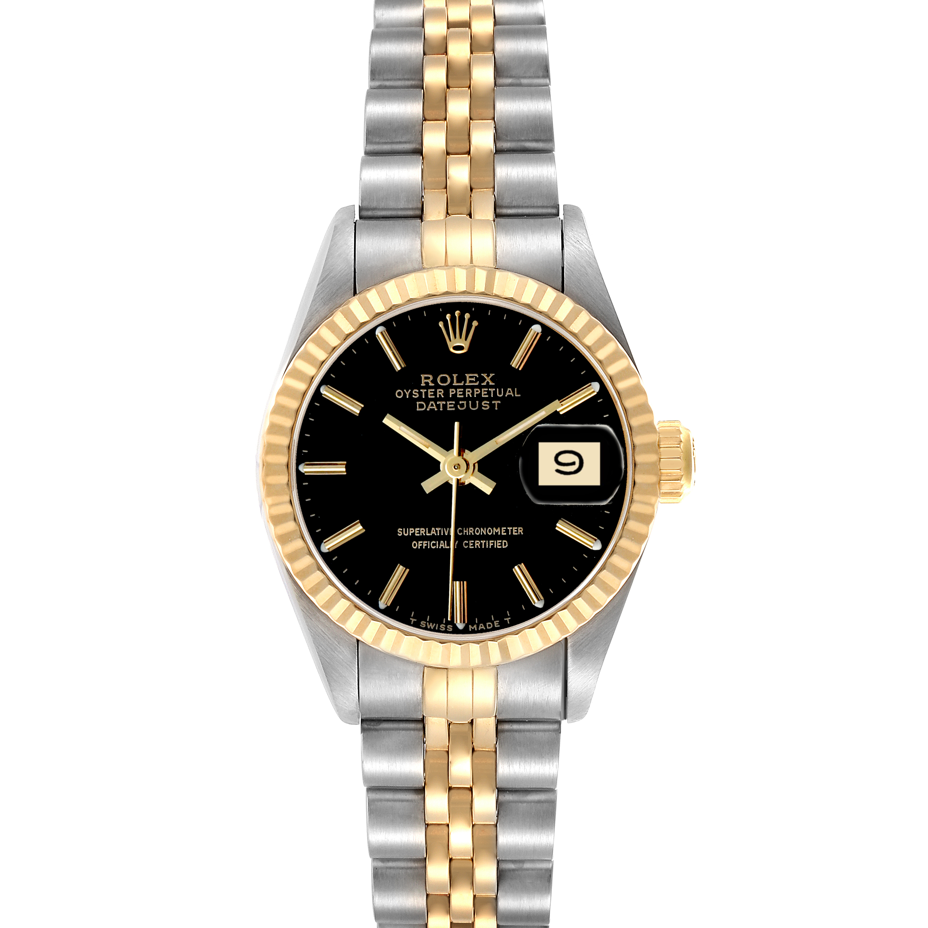 The Rolex Datejust 69173 Women's Steel and Gold (two tone) Black Dial watch is shown from a front angle, displaying its face, bezel, and part of the bracelet.