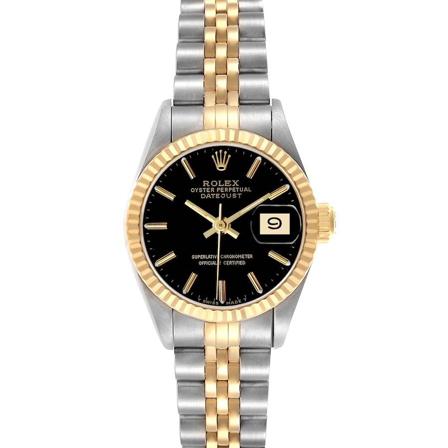 The Rolex Datejust 69173 Women's Steel and Gold (two tone) Black Dial watch is shown from a front angle, displaying its face, bezel, and part of the bracelet.