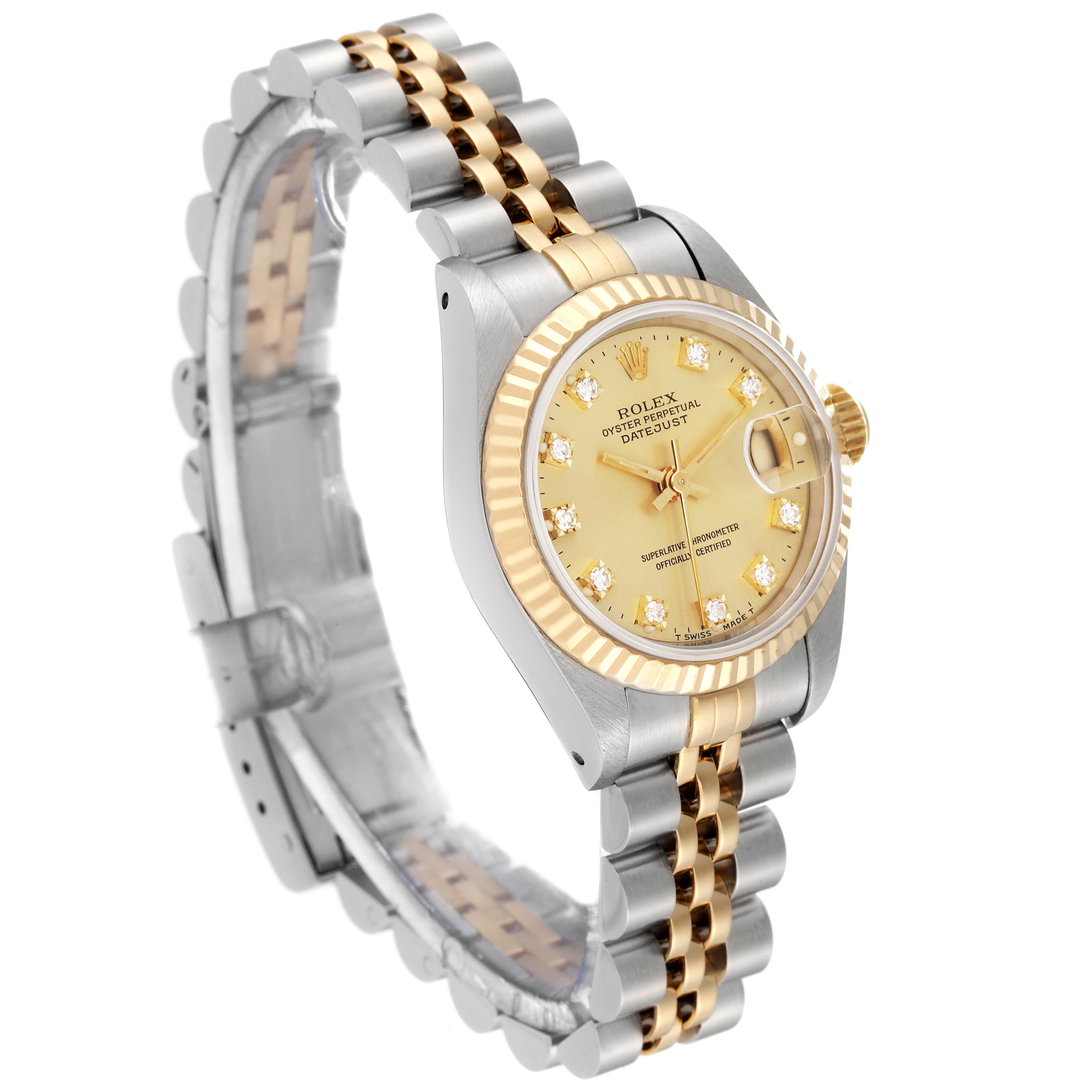 This image shows a side angle of a Rolex Datejust 69173 Women's Steel and Gold (two tone) Champagne Dial 69173 Women's Steel and Gold (two tone) Champagne Dial watch, highlighting its two-tone bracelet and diamond-encrusted dial.