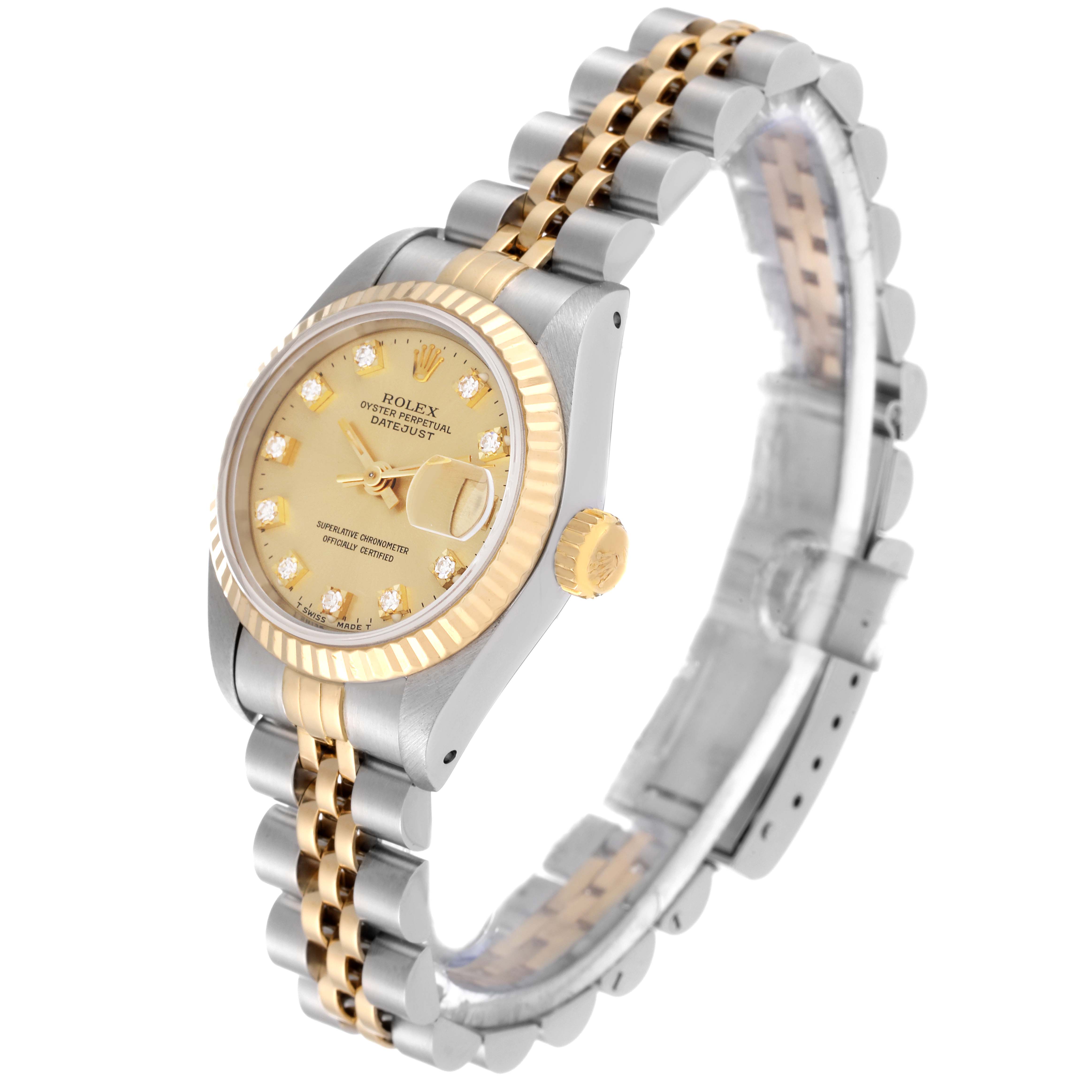 The image shows a side angle of a Rolex Datejust 69173 Women's Steel and Gold (two tone) Champagne Dial 69173 Women's Steel and Gold (two tone) Champagne Dial watch, displaying its gold and silver bracelet, fluted bezel, and diamond hour markers.