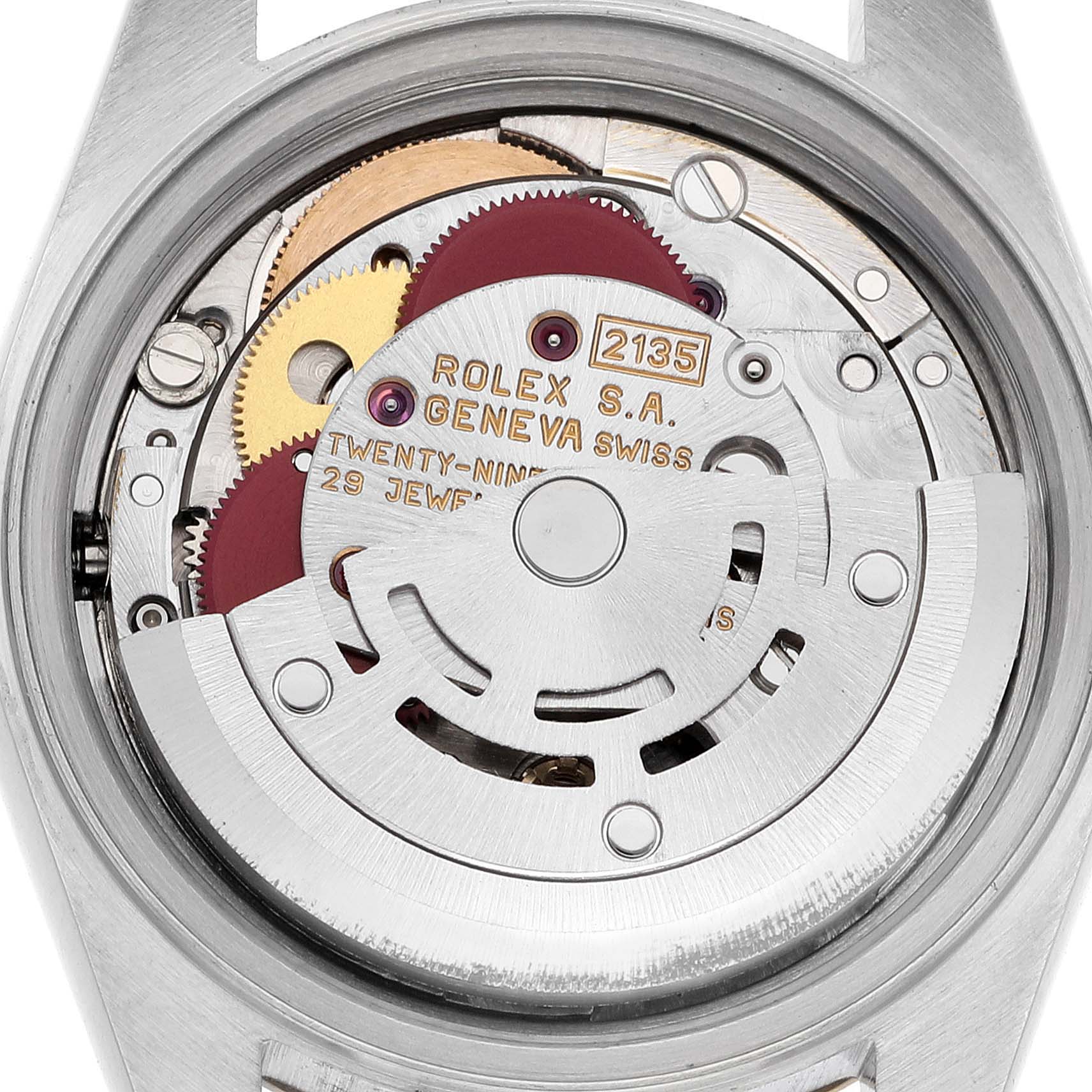 The image shows the movement and internal mechanisms of a Rolex Datejust 69173 Women's Steel and Gold (two tone) Champagne Dial 69173 Women's Steel and Gold (two tone) Champagne Dial watch from a back angle.