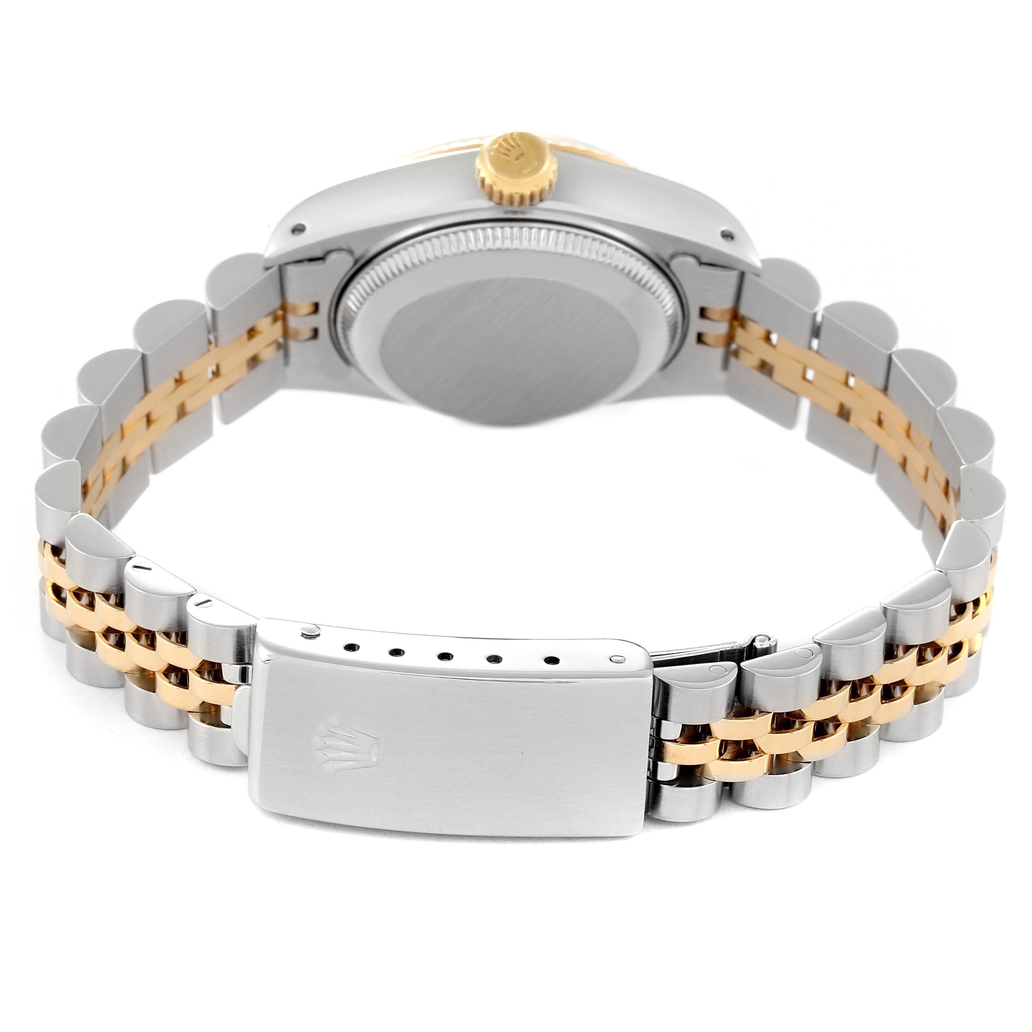 The image shows the back view of a Rolex Datejust 69173 Women's Steel and Gold (two tone) Champagne Dial 69173 Women's Steel and Gold (two tone) Champagne Dial watch, highlighting the closed clasp and the two-tone bracelet.