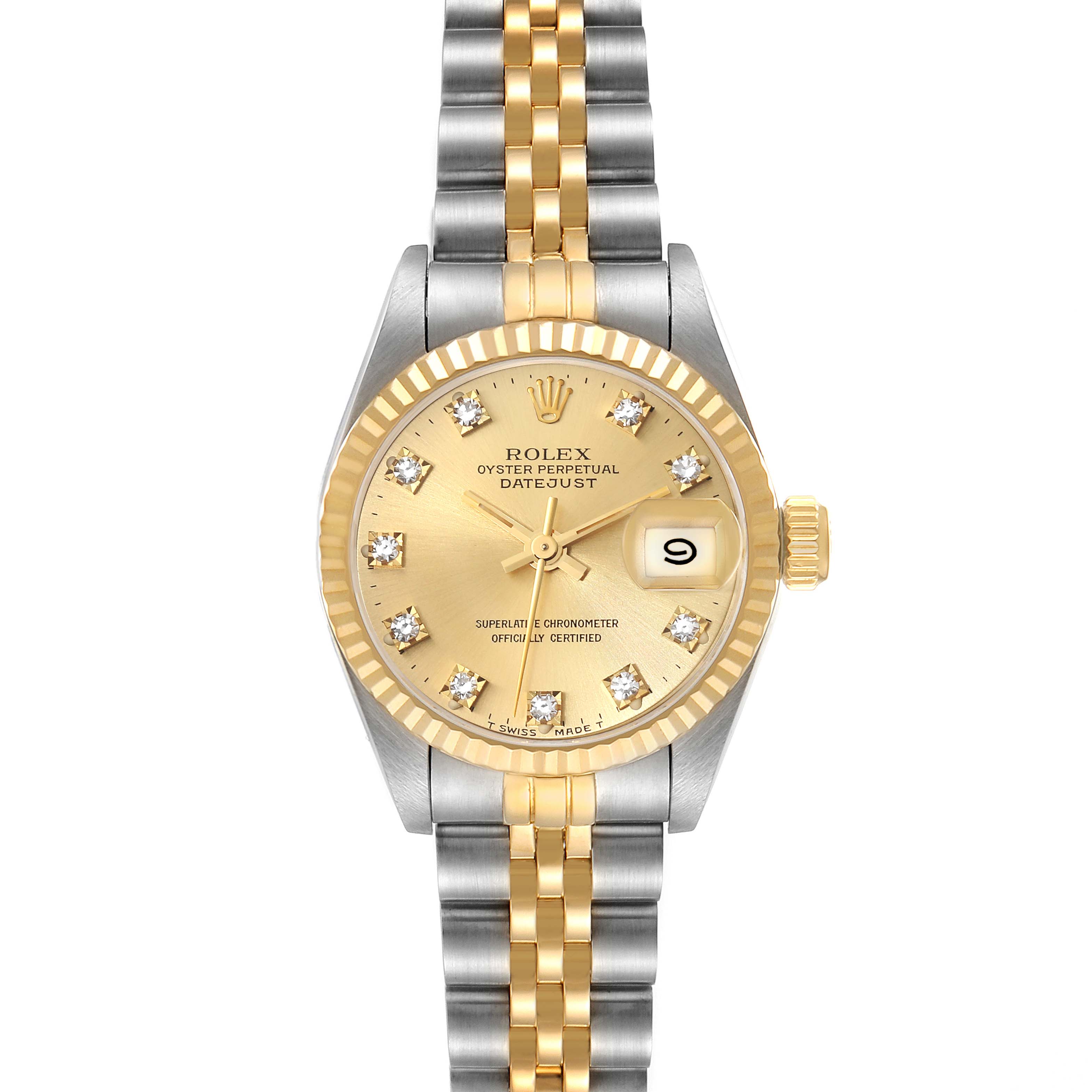 The image shows a Rolex Datejust 69173 Women's Steel and Gold (two tone) Champagne Dial 69173 Women's Steel and Gold (two tone) Champagne Dial watch from a front angle, featuring a gold dial, diamond hour markers, and a gold and silver bracelet.