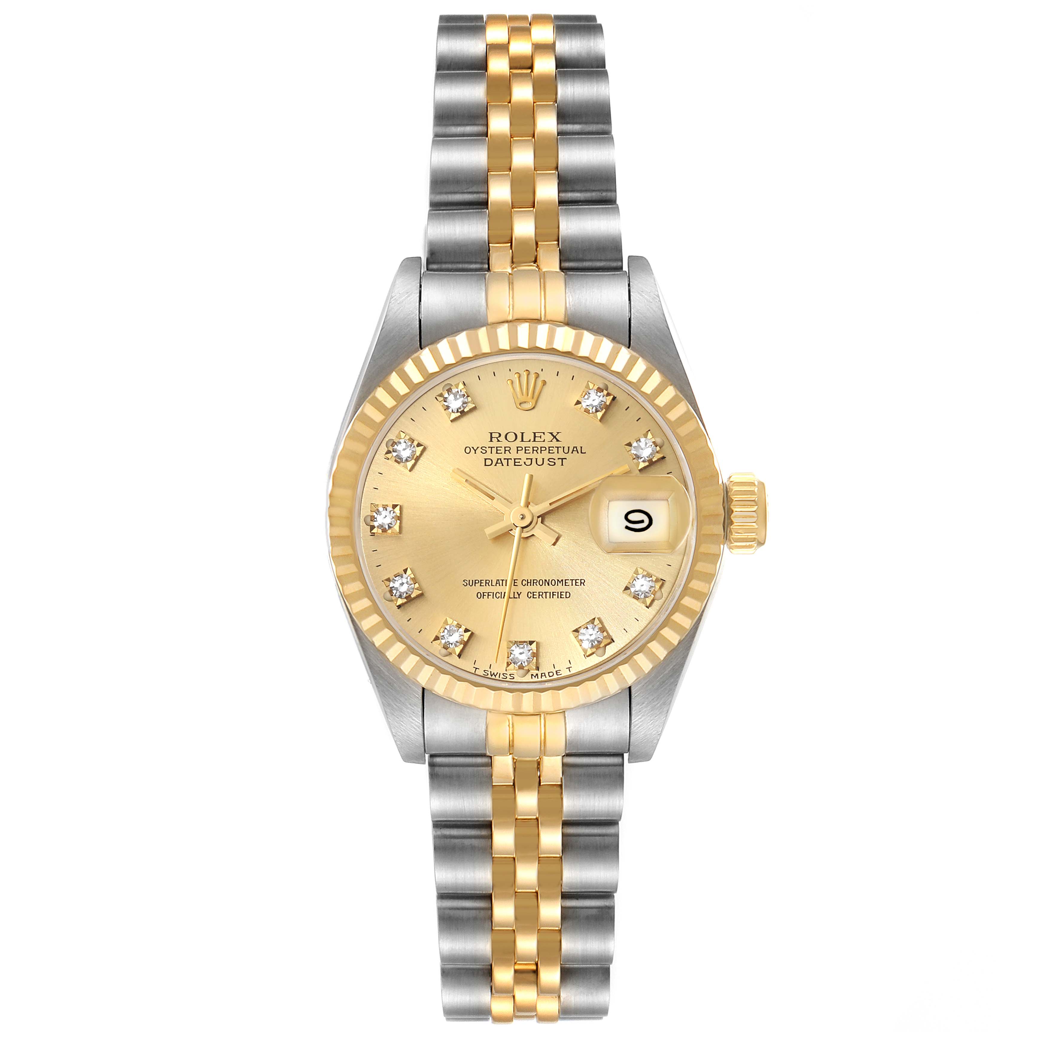 This image shows a Rolex Datejust 69173 Women's Steel and Gold (two tone) Champagne Dial 69173 Women's Steel and Gold (two tone) Champagne Dial watch taken from a front angle, displaying the face, bezel, crown, and bracelet.