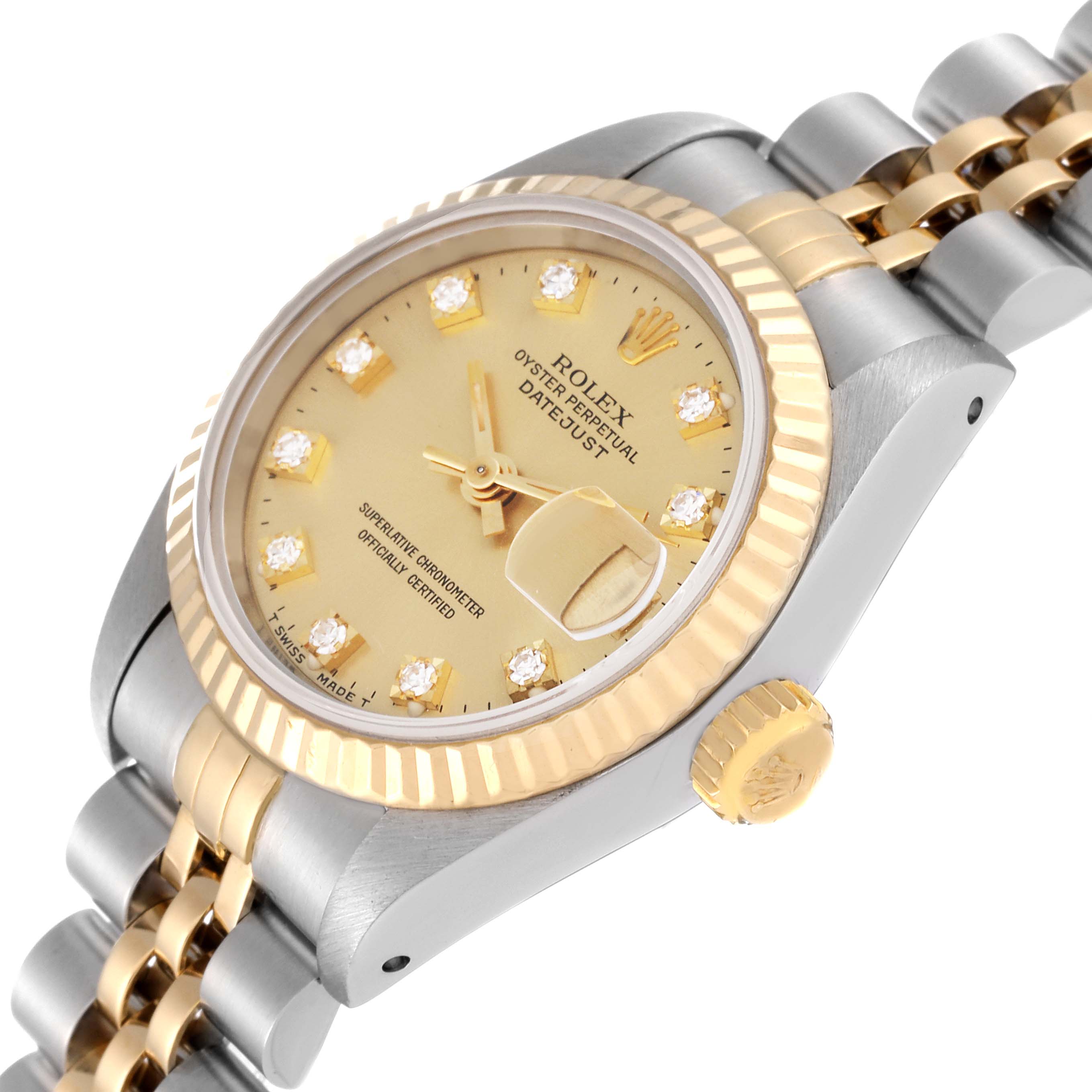 This image shows a Rolex Datejust 69173 Women's Steel and Gold (two tone) Champagne Dial 69173 Women's Steel and Gold (two tone) Champagne Dial watch from an angled side view, highlighting its face, crown, and bracelet.