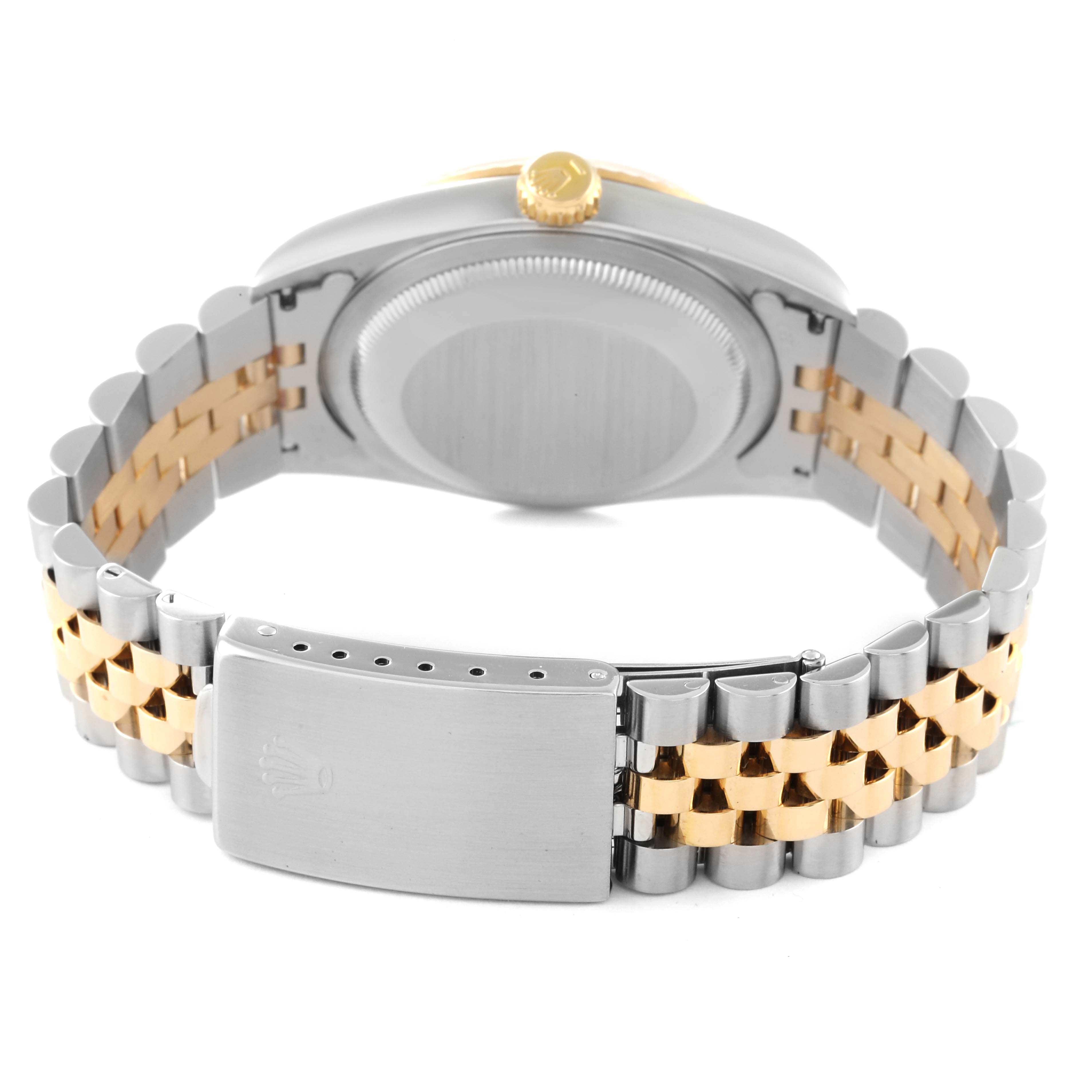 The image shows the back view of a Rolex Datejust 16233 Men's Steel and Gold (two tone) Champagne Dial 16233 Men's Steel and Gold (two tone) Champagne Dial watch, highlighting the case back and the two-tone jubilee bracelet with the clasp.