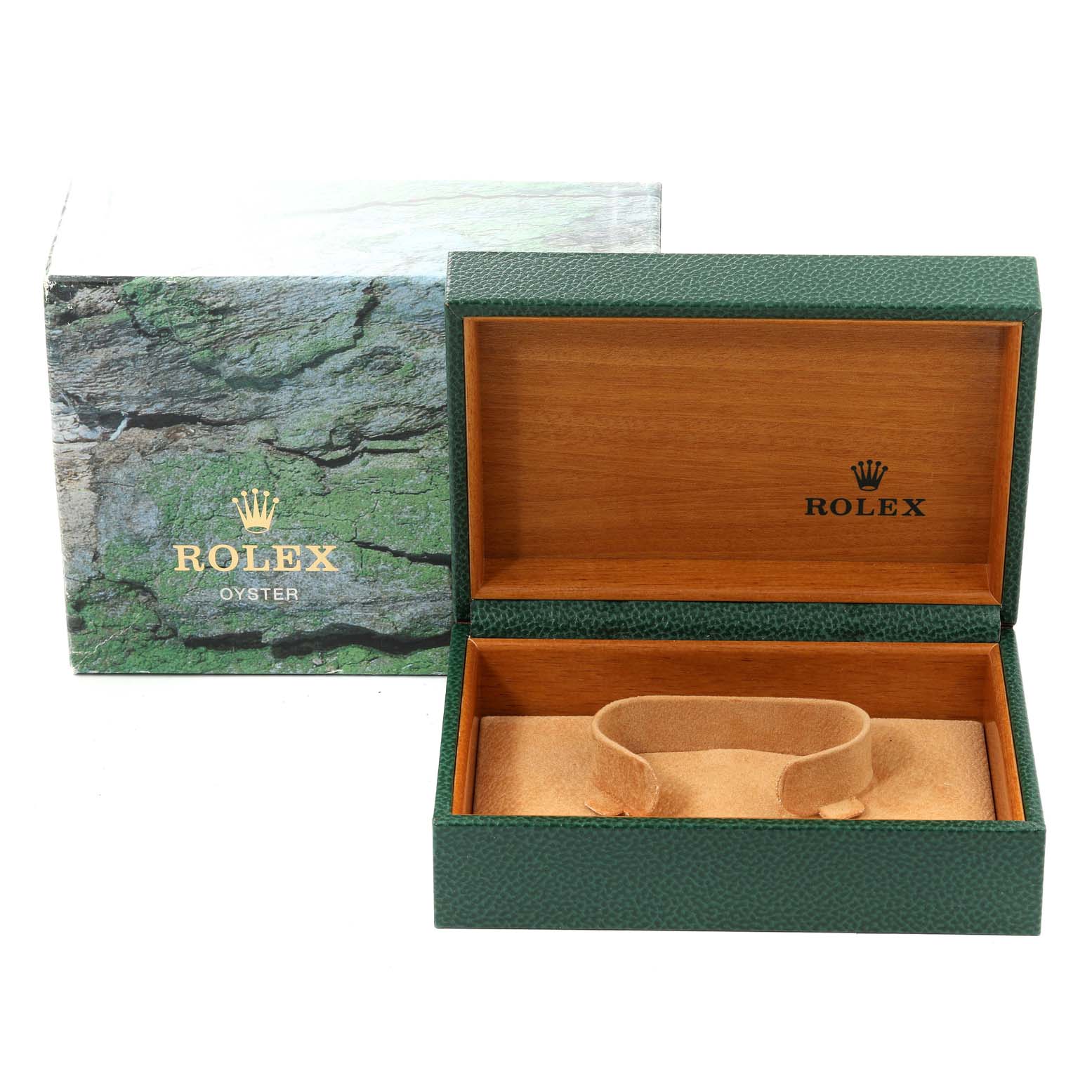 The image shows an open Rolex Datejust 16233 Men's Steel and Gold (two tone) Champagne Dial 16233 Men's Steel and Gold (two tone) Champagne Dial watch box, with green exterior and wooden interior, along with a beige watch holder.