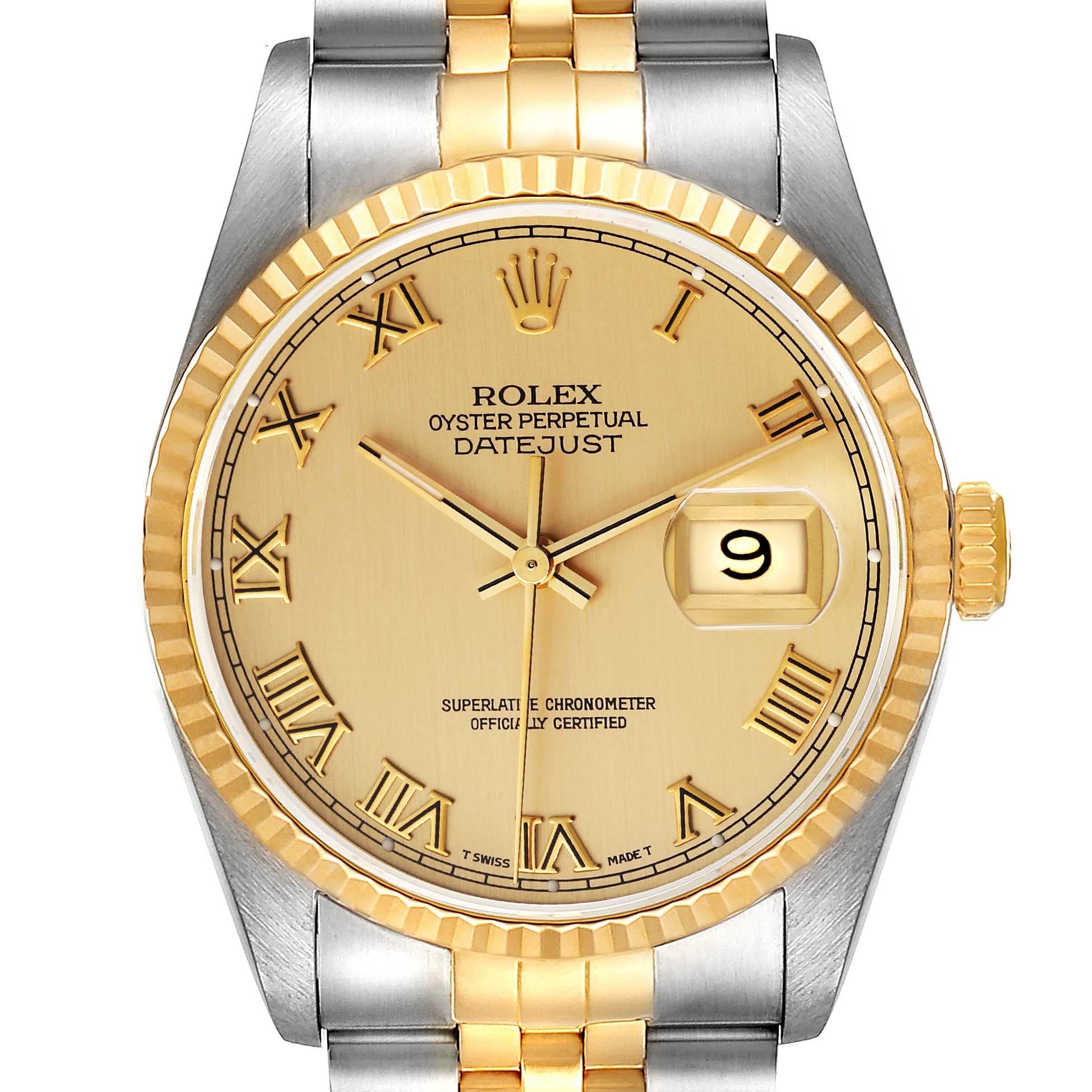 The image shows a frontal view of a Rolex Datejust 16233 Men's Steel and Gold (two tone) Champagne Dial 16233 Men's Steel and Gold (two tone) Champagne Dial model watch, highlighting the face, bezel, and part of the bracelet.