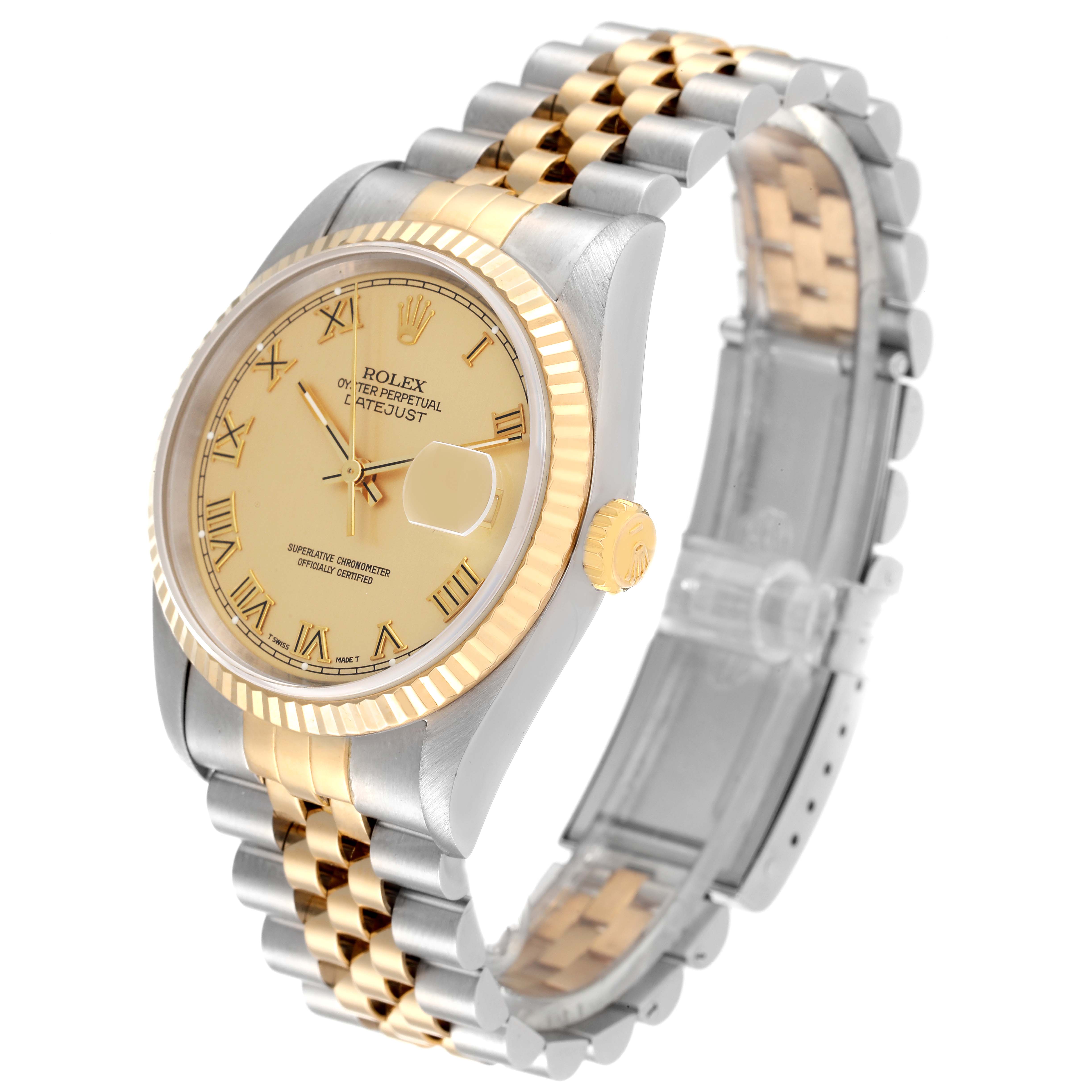 The image shows a Rolex Datejust 16233 Men's Steel and Gold (two tone) Champagne Dial 16233 Men's Steel and Gold (two tone) Champagne Dial watch at a slight angle, highlighting its dial, bezel, crown, and jubilee bracelet.