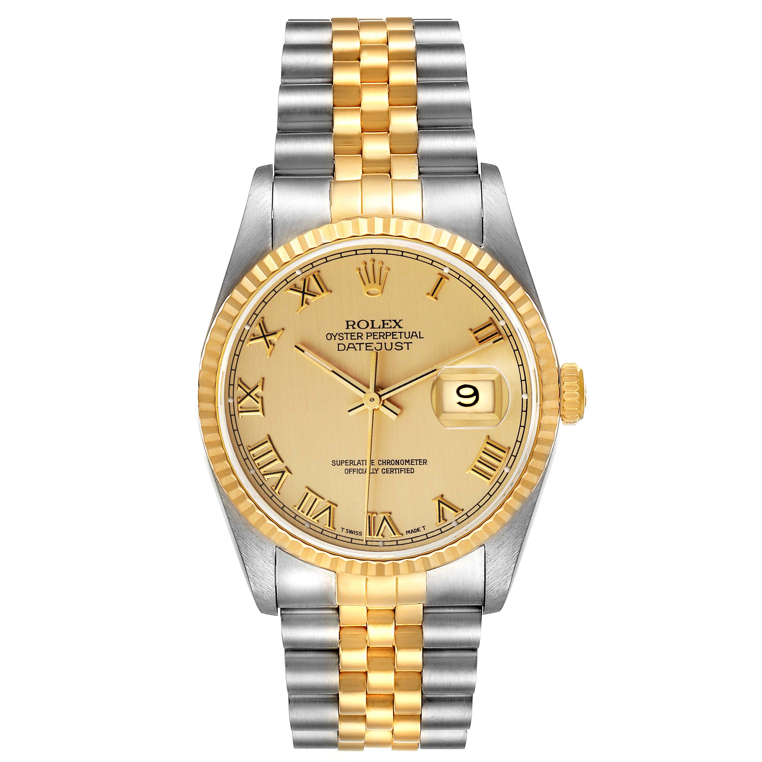 This image shows a front view of a Rolex Datejust 16233 Men's Steel and Gold (two tone) Champagne Dial 16233 Men's Steel and Gold (two tone) Champagne Dial watch featuring a gold and silver bracelet, gold dial, and date window.