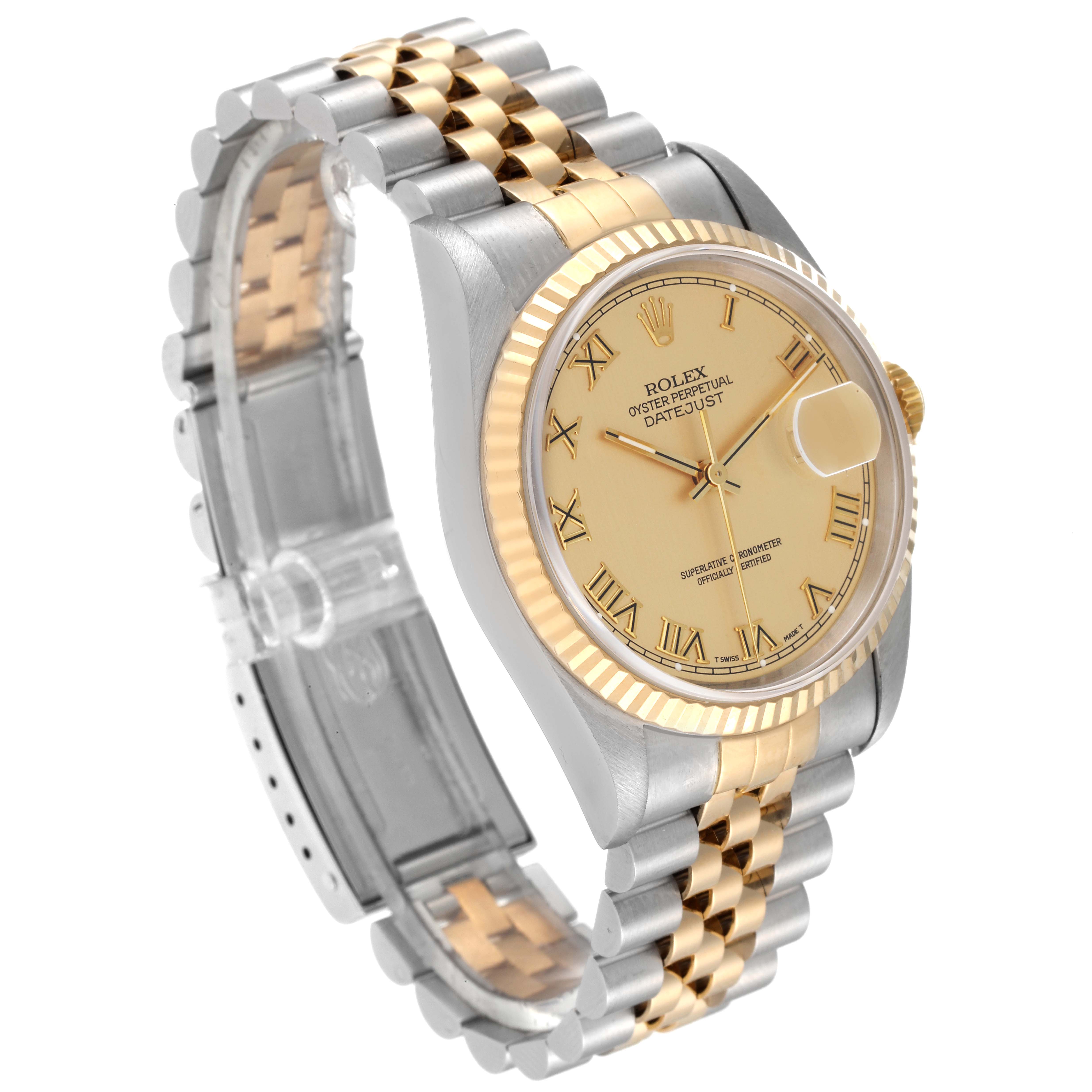 The image shows a Rolex Datejust 16233 Men's Steel and Gold (two tone) Champagne Dial 16233 Men's Steel and Gold (two tone) Champagne Dial watch at a slight right angle, highlighting its face, bezel, and two-tone bracelet.