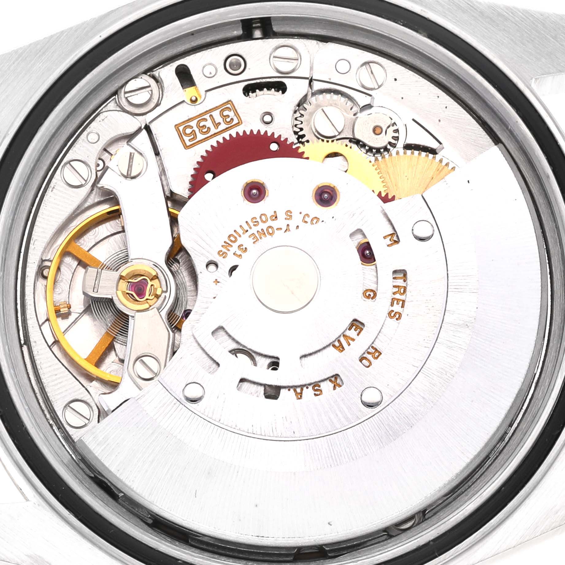 This image shows the internal mechanical movement of a Rolex Datejust 16233 Men's Steel and Gold (two tone) Champagne Dial 16233 Men's Steel and Gold (two tone) Champagne Dial watch, viewed from the back.