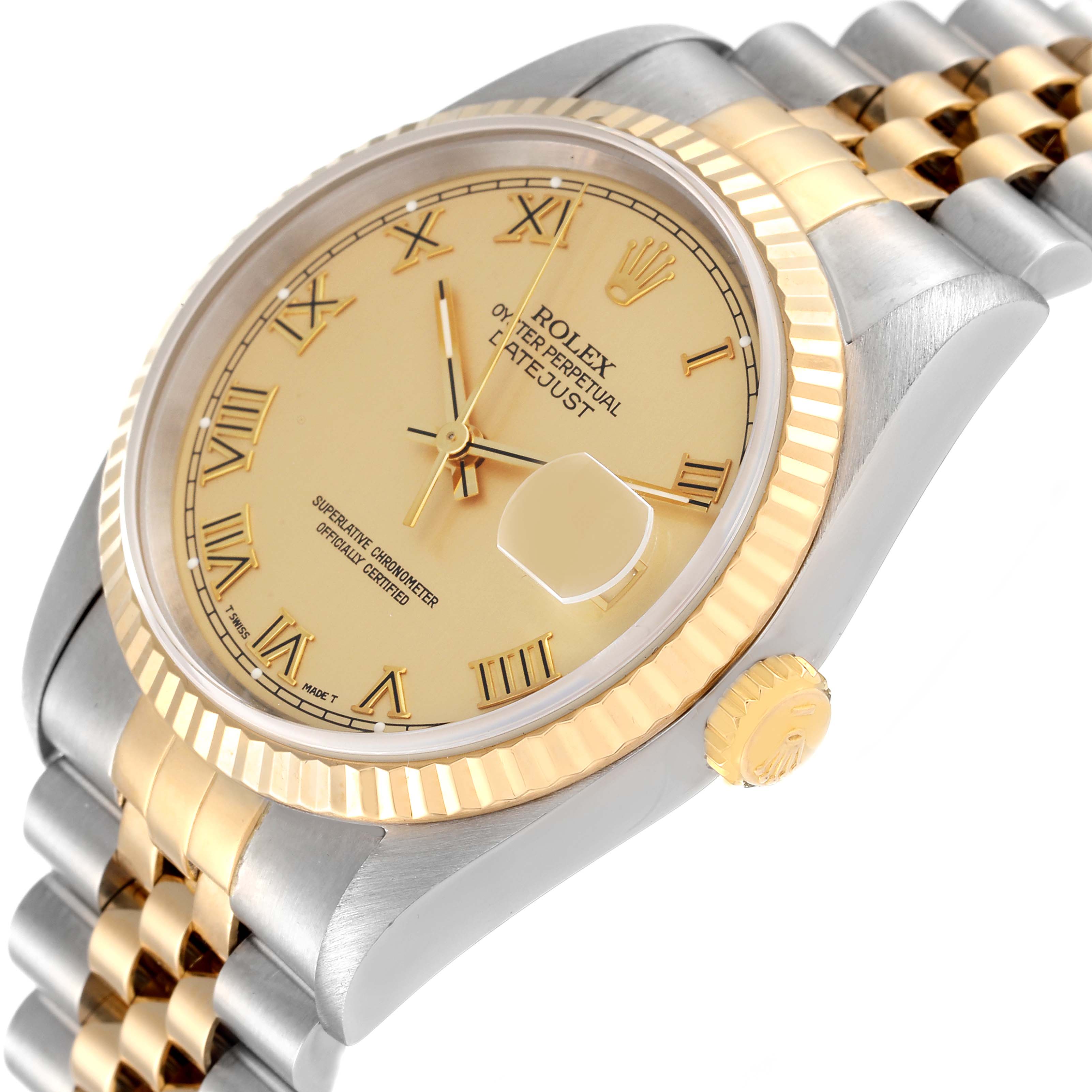 The image shows a close-up, angled view of a Rolex Datejust 16233 Men's Steel and Gold (two tone) Champagne Dial 16233 Men's Steel and Gold (two tone) Champagne Dial watch, highlighting its face, bezel, and part of its bracelet.