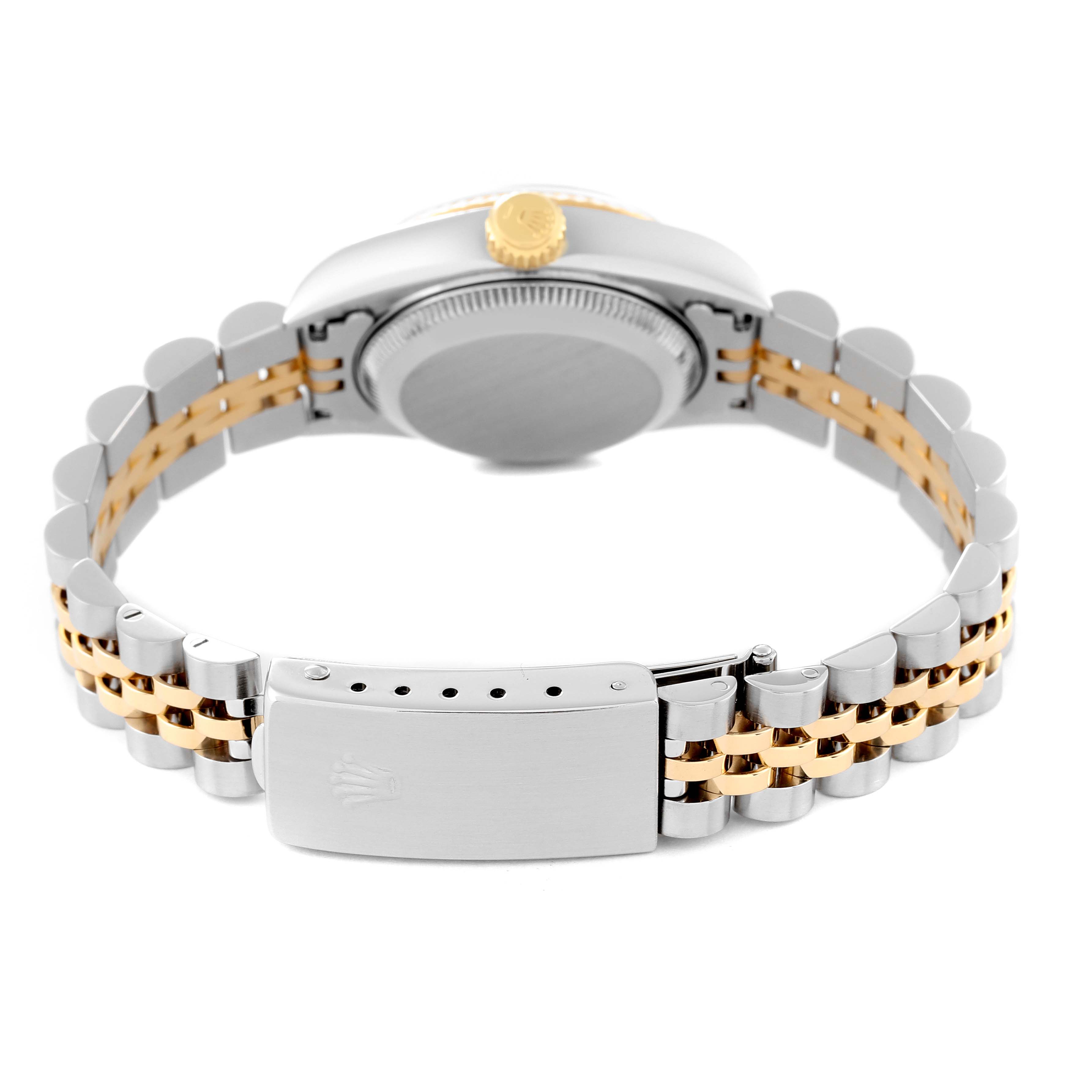 The image shows the back view of a Rolex Datejust 69173 Women's Steel and Gold (two tone) Champagne Dial 69173 Women's Steel and Gold (two tone) Champagne Dial watch, including the stainless steel and gold bracelet and clasp.