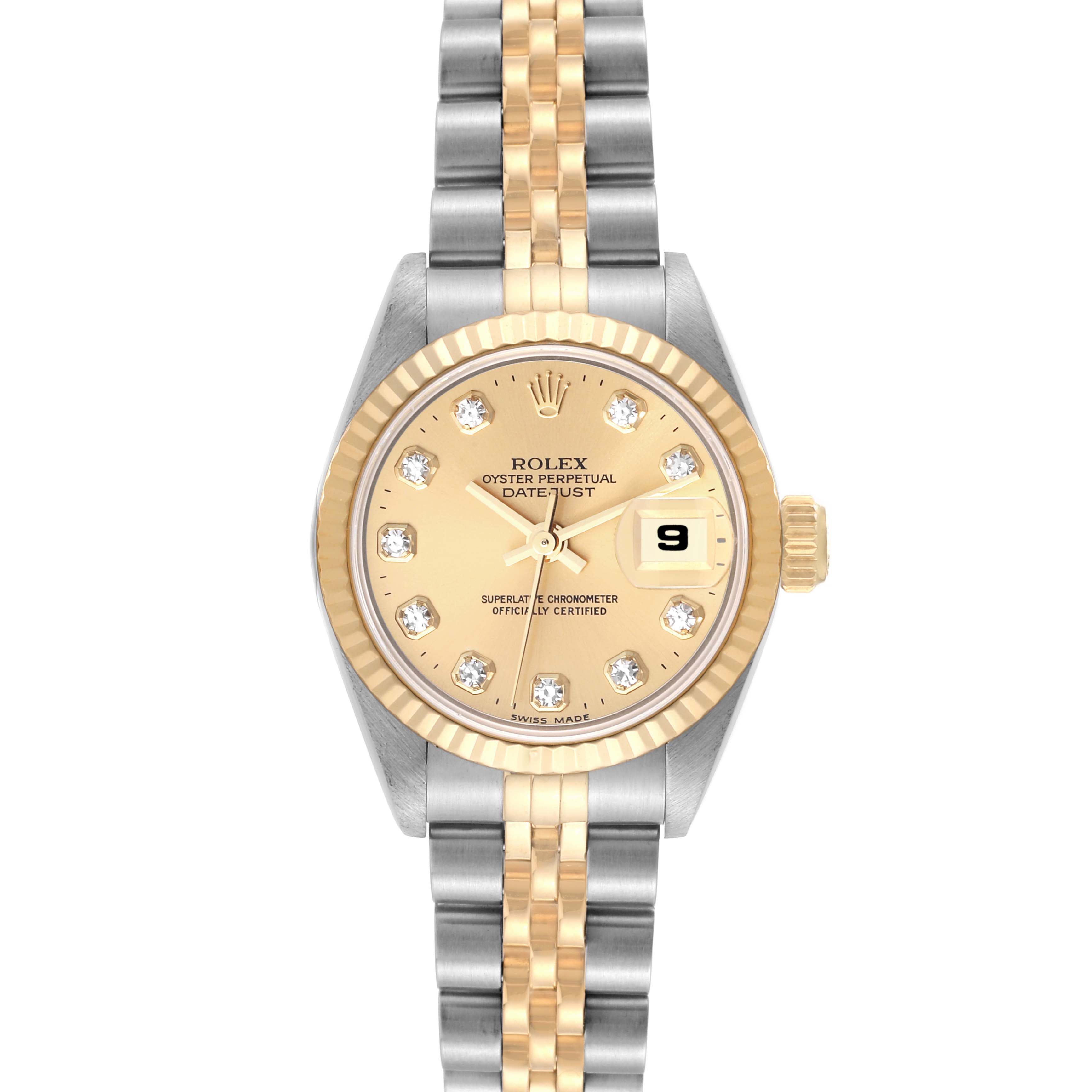 The Rolex Datejust 69173 Women's Steel and Gold (two tone) Champagne Dial 69173 Women's Steel and Gold (two tone) Champagne Dial watch is shown from the front, displaying its face, bezel, and bracelet.