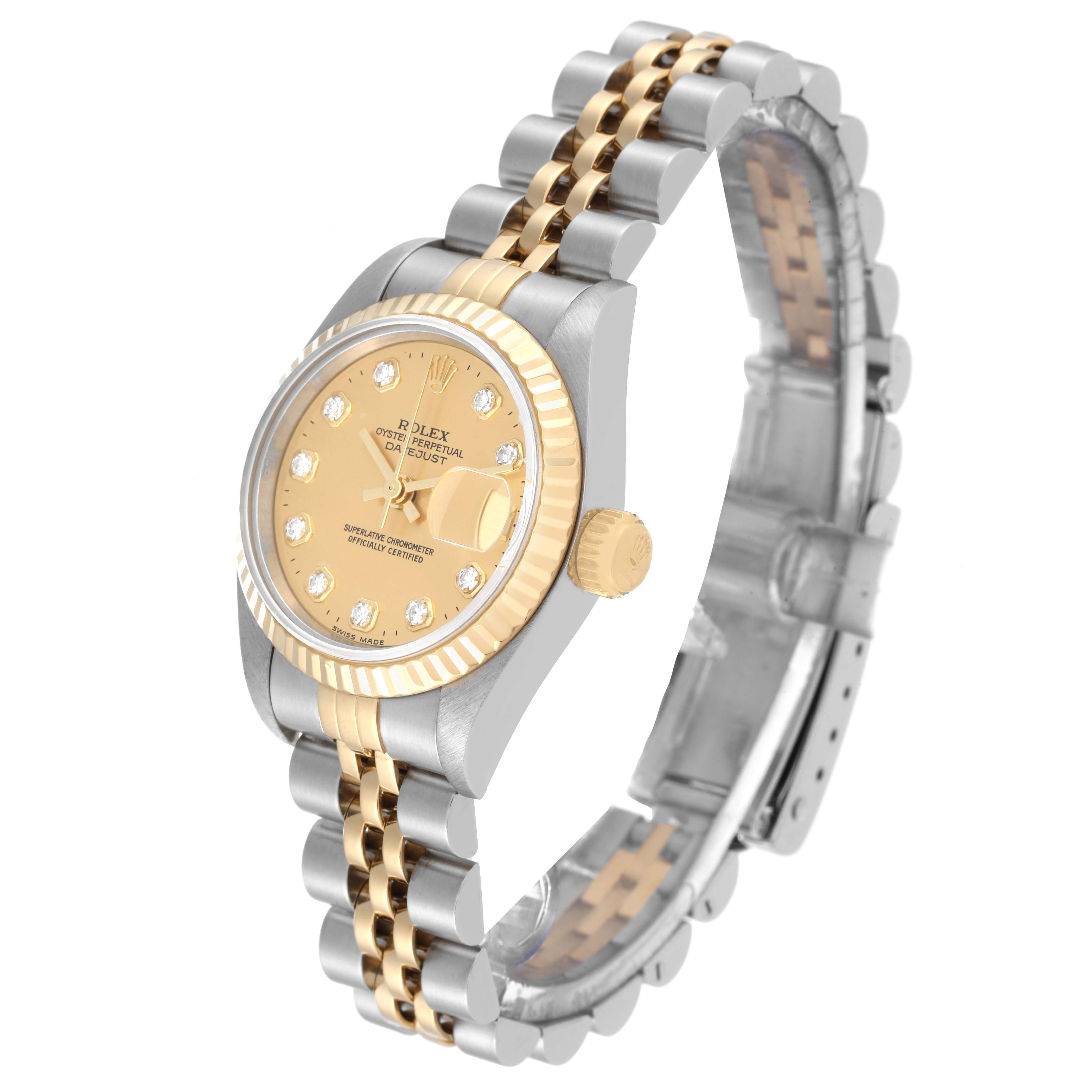 This image shows a Rolex Datejust 69173 Women's Steel and Gold (two tone) Champagne Dial 69173 Women's Steel and Gold (two tone) Champagne Dial model watch at a slight side angle, highlighting its two-tone bracelet and gold dial.
