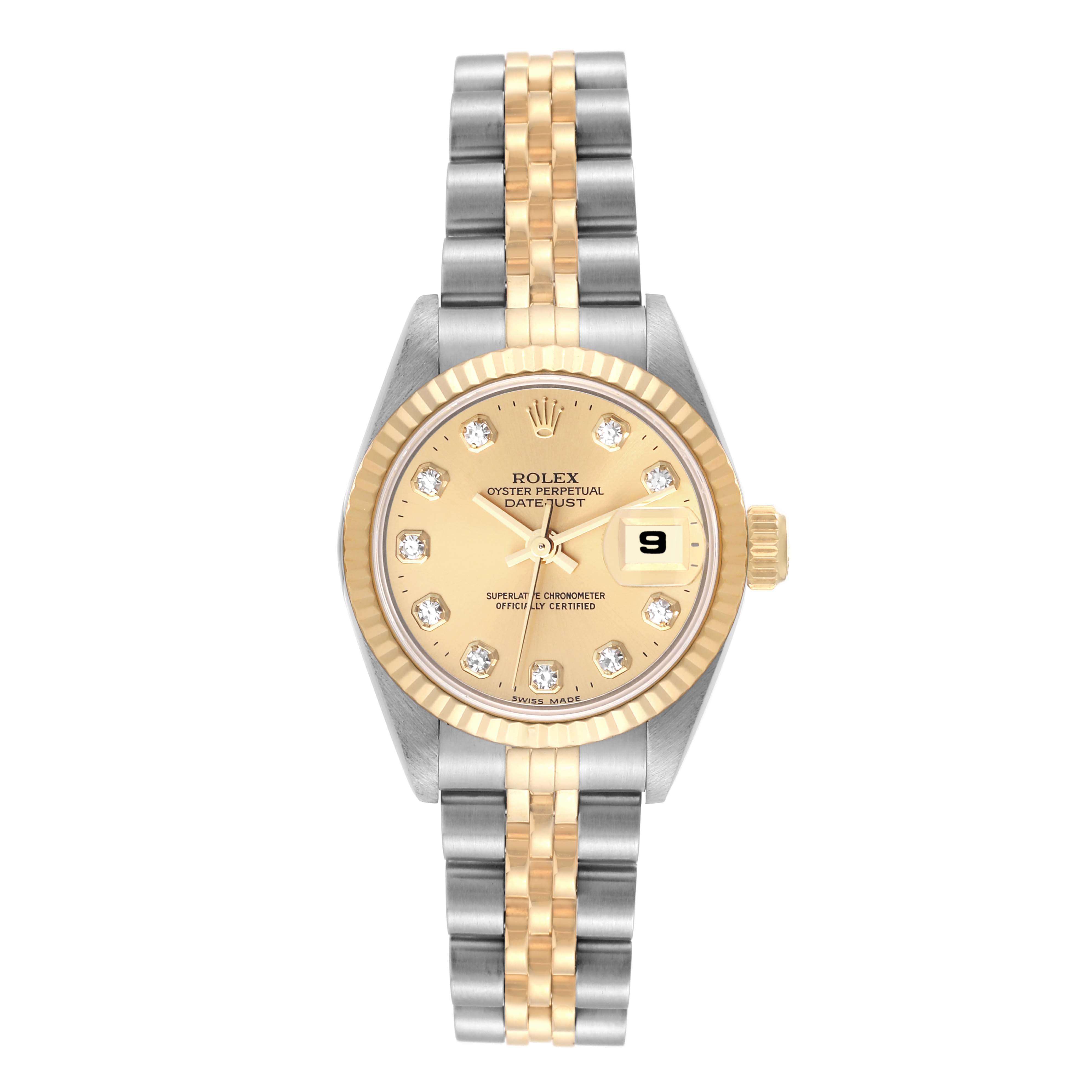 The image shows a frontal view of a Rolex Datejust 69173 Women's Steel and Gold (two tone) Champagne Dial 69173 Women's Steel and Gold (two tone) Champagne Dial watch, highlighting its two-tone bracelet, gold dial, and date window.