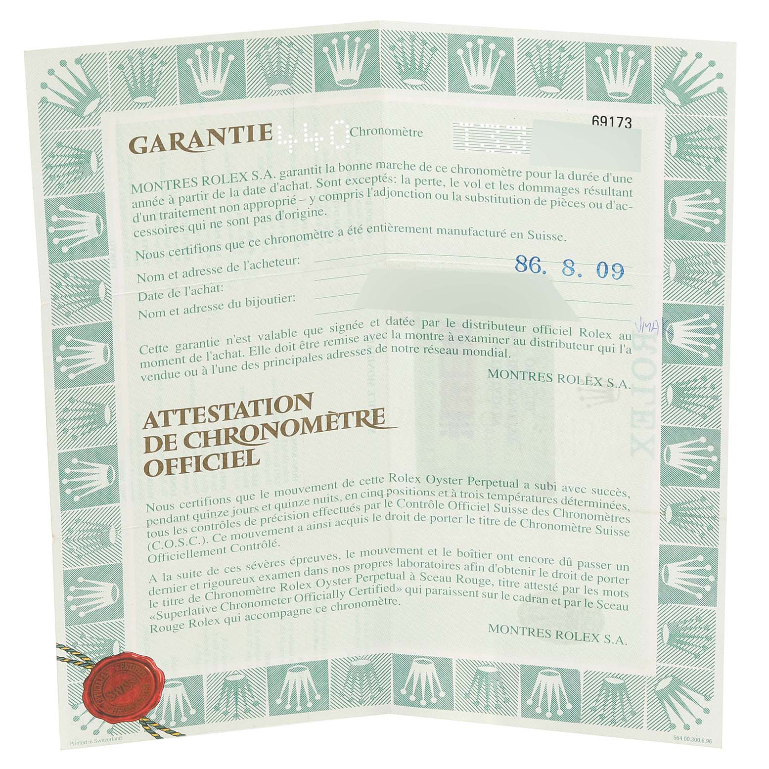 This image shows a warranty card and official chronometer certification for the Rolex Datejust 69173 Women's Steel and Gold (two tone) Champagne Dial 69173 Women's Steel and Gold (two tone) Champagne Dial model.