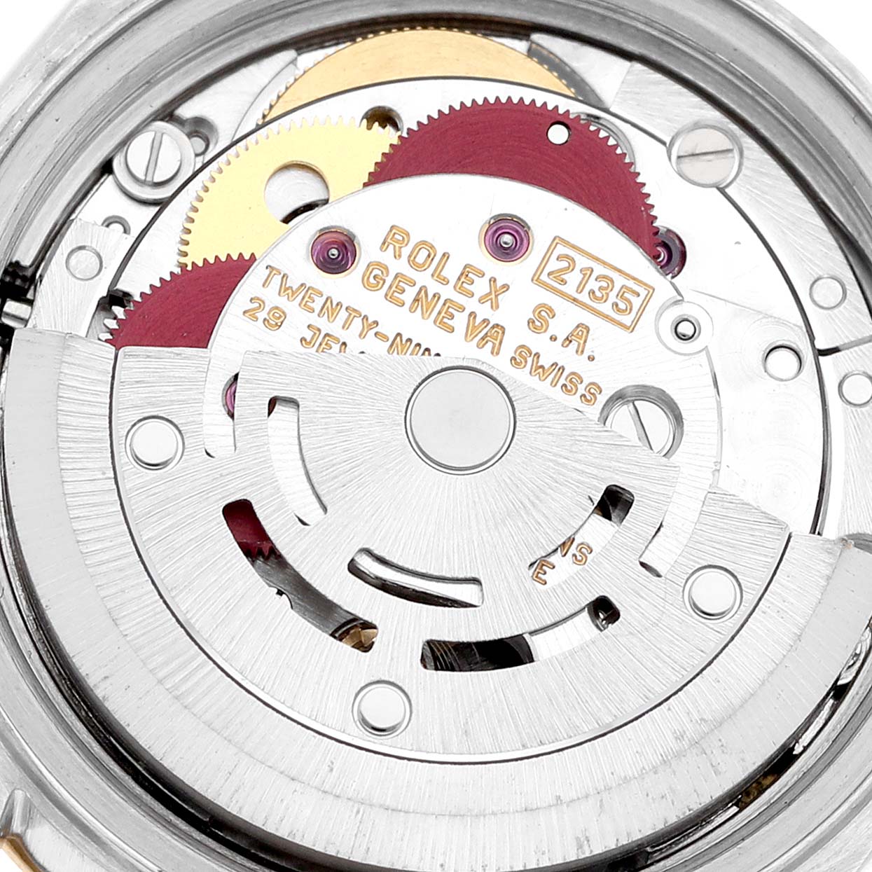 This image shows the intricate movement mechanism of the Rolex Datejust 69173 Women's Steel and Gold (two tone) Champagne Dial 69173 Women's Steel and Gold (two tone) Champagne Dial model.