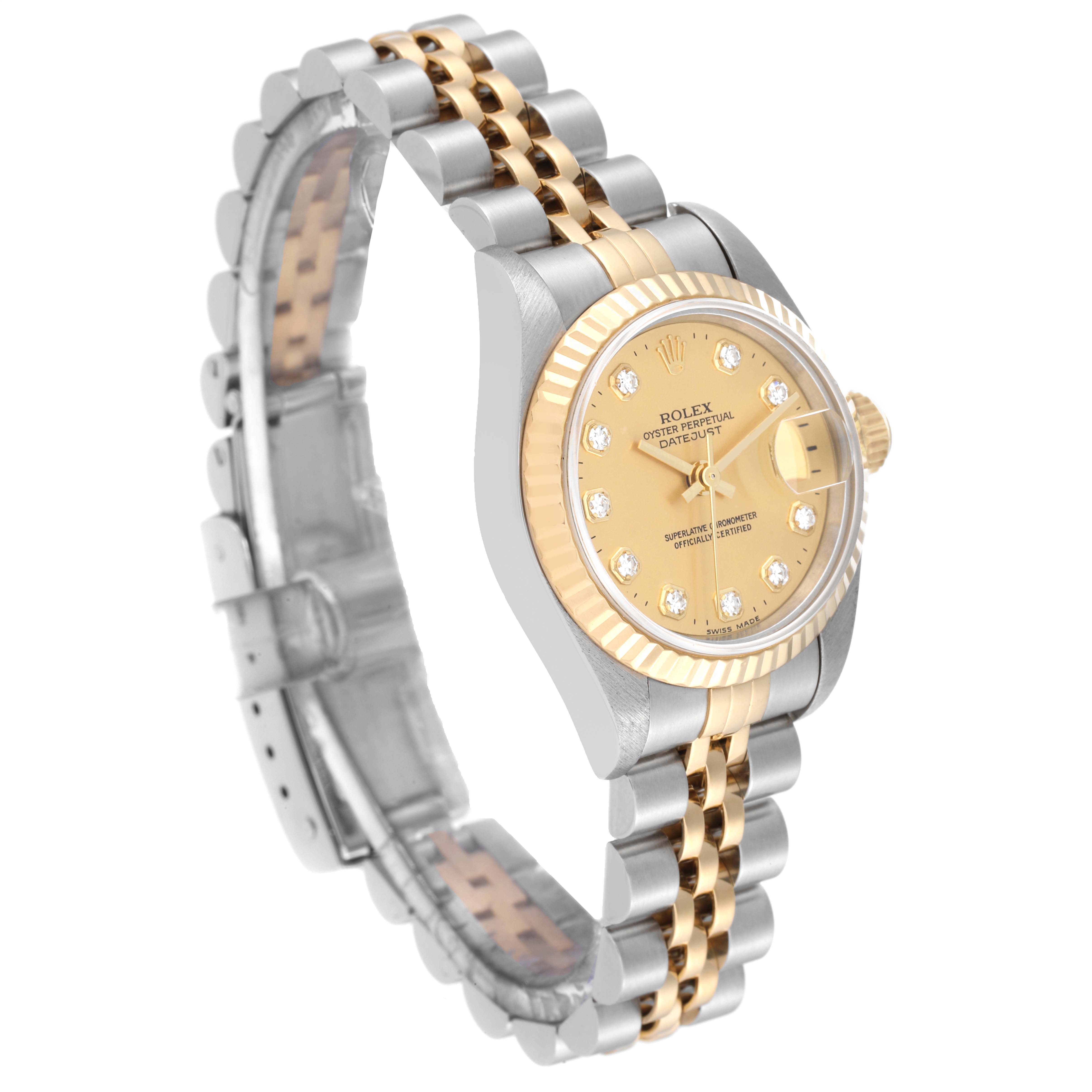 The Rolex Datejust 69173 Women's Steel and Gold (two tone) Champagne Dial 69173 Women's Steel and Gold (two tone) Champagne Dial watch is shown at a side angle, displaying its two-tone bracelet, gold bezel, and champagne dial with diamond markers.