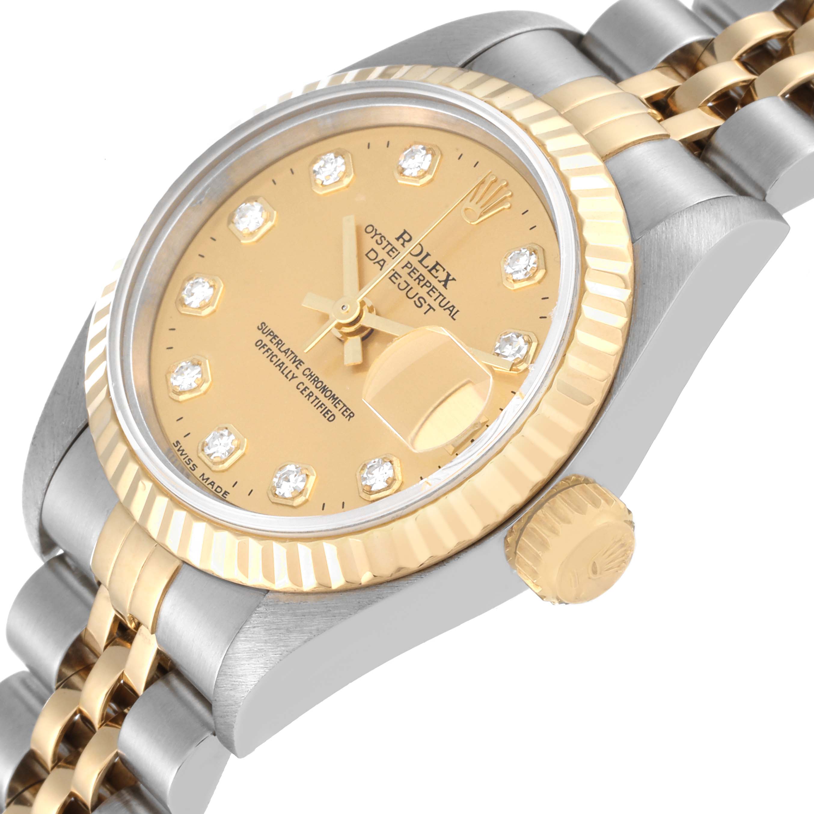 The Rolex Datejust 69173 Women's Steel and Gold (two tone) Champagne Dial 69173 Women's Steel and Gold (two tone) Champagne Dial watch is shown at an angled side view, displaying its dial, crown, and part of the two-tone bracelet.