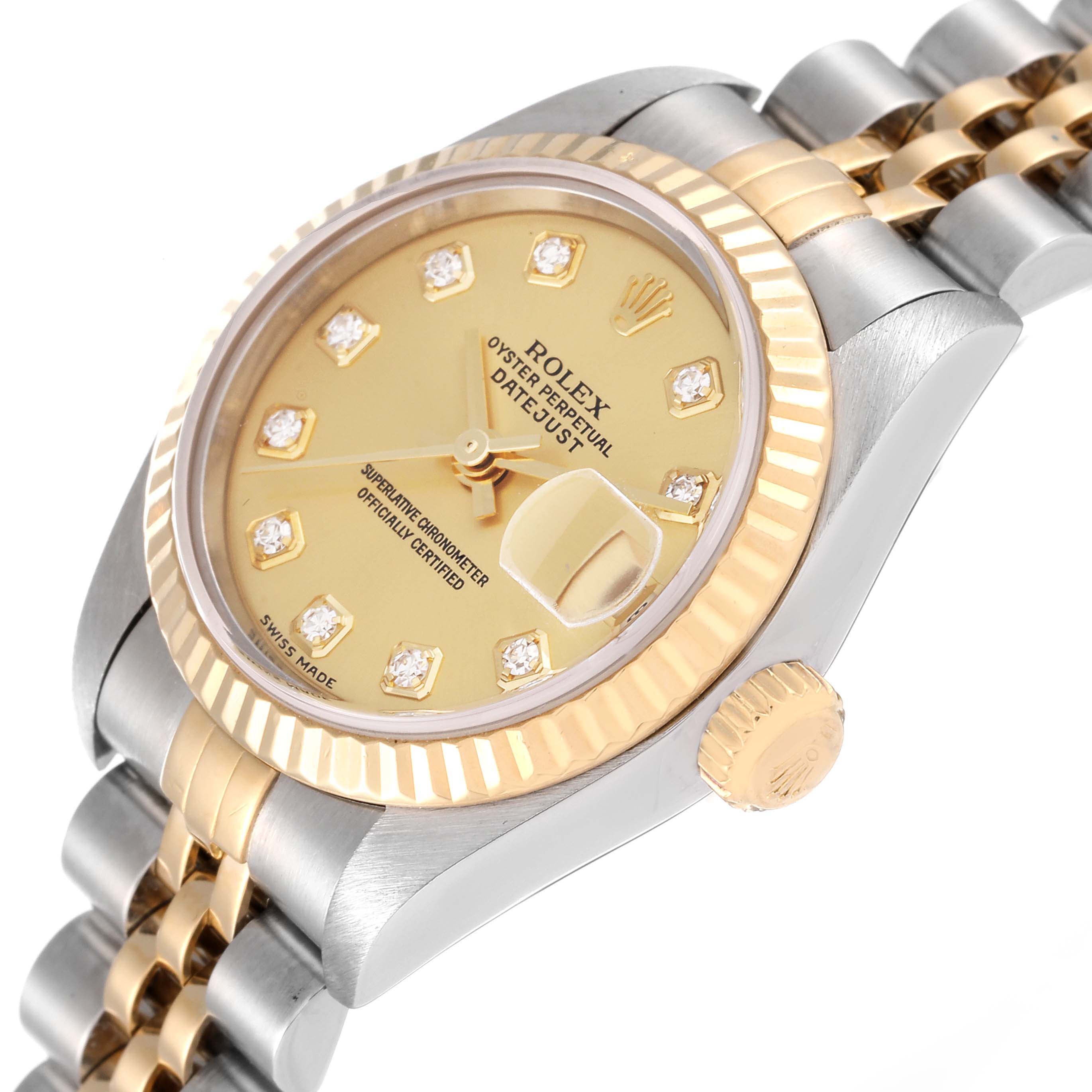 This Rolex Datejust 79173 Women's Steel and Gold (two tone) Champagne Dial 79173 Women's Steel and Gold (two tone) Champagne Dial watch is shown from an angled view, highlighting the dial, bezel, crown, and part of the bracelet.