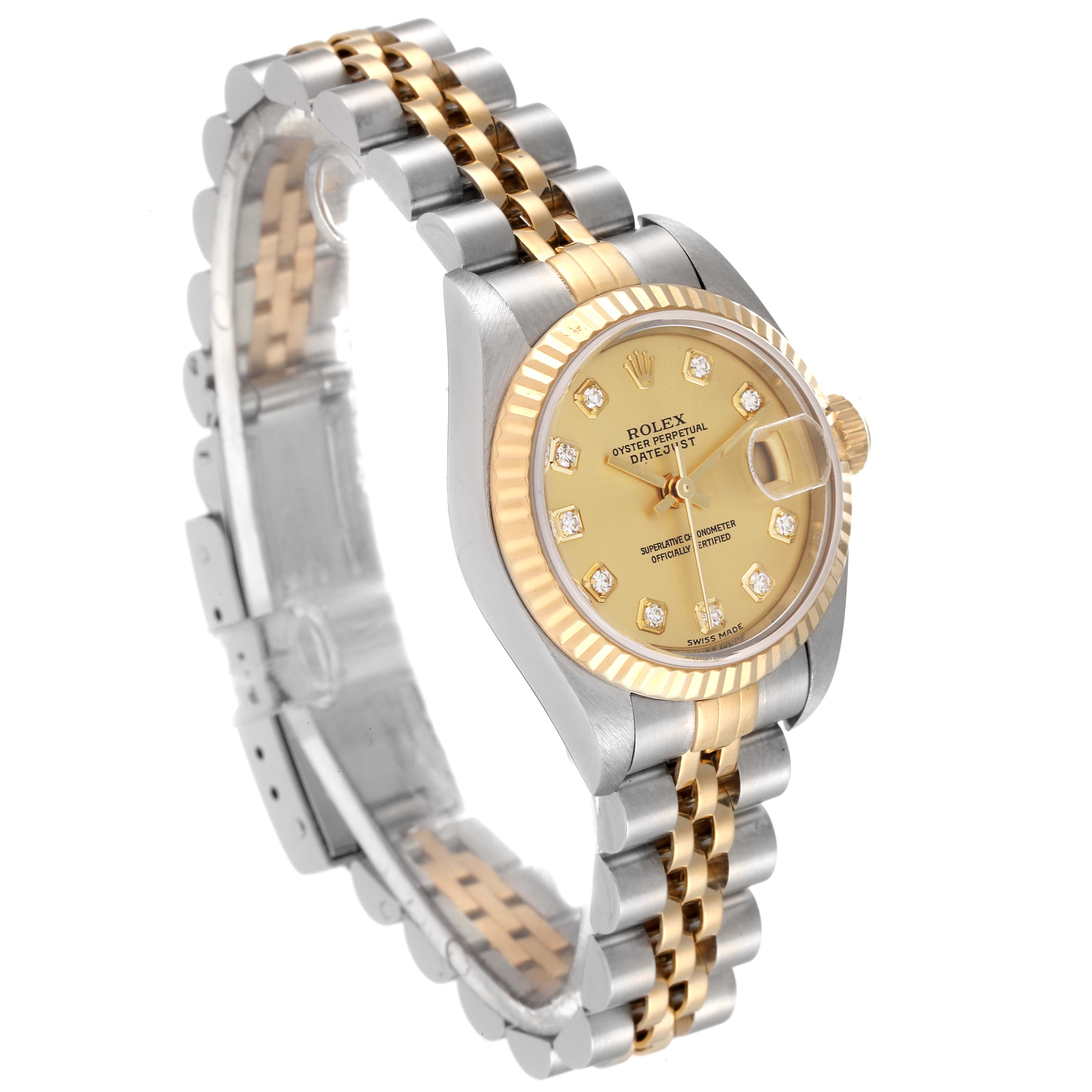 This Rolex Datejust 79173 Women's Steel and Gold (two tone) Champagne Dial 79173 Women's Steel and Gold (two tone) Champagne Dial watch is shown at a three-quarter angle, highlighting the face, bezel, bracelet, and crown.