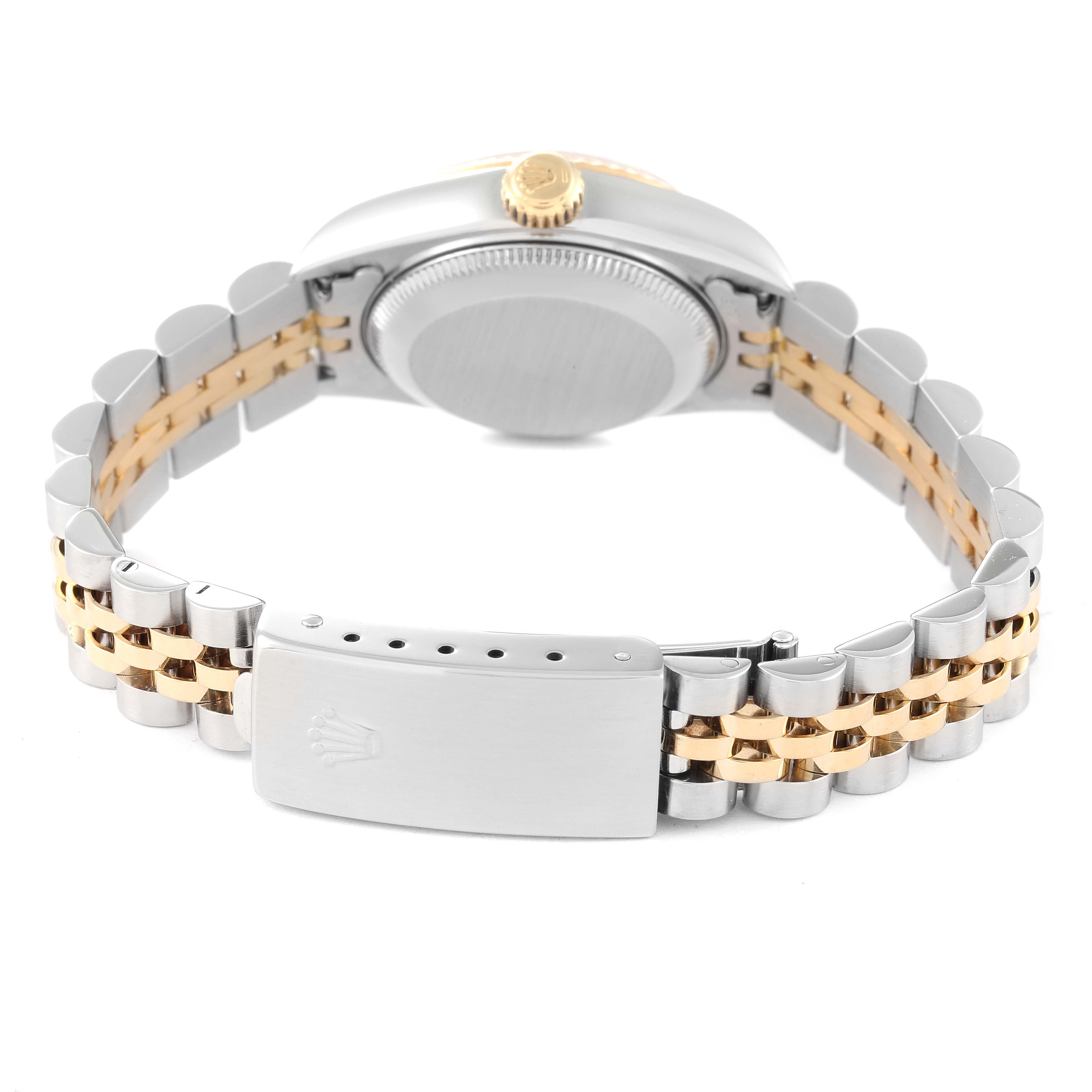 This image shows the back of the Rolex Datejust 79173 Women's Steel and Gold (two tone) Champagne Dial 79173 Women's Steel and Gold (two tone) Champagne Dial watch, highlighting its two-tone bracelet and clasp.