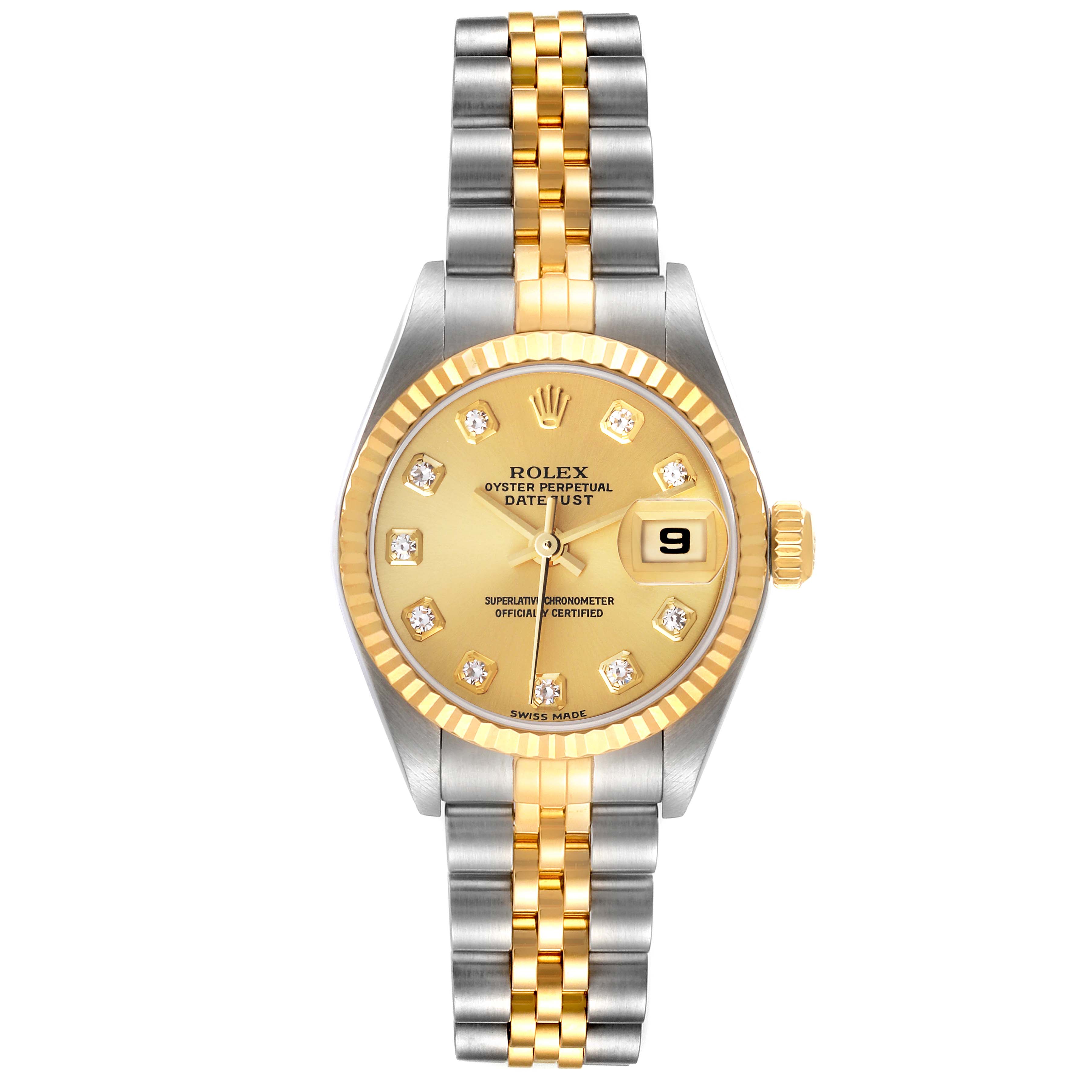 This is a front view of a Rolex Datejust 79173 Women's Steel and Gold (two tone) Champagne Dial 79173 Women's Steel and Gold (two tone) Champagne Dial showing the dial, fluted bezel, and two-tone bracelet.