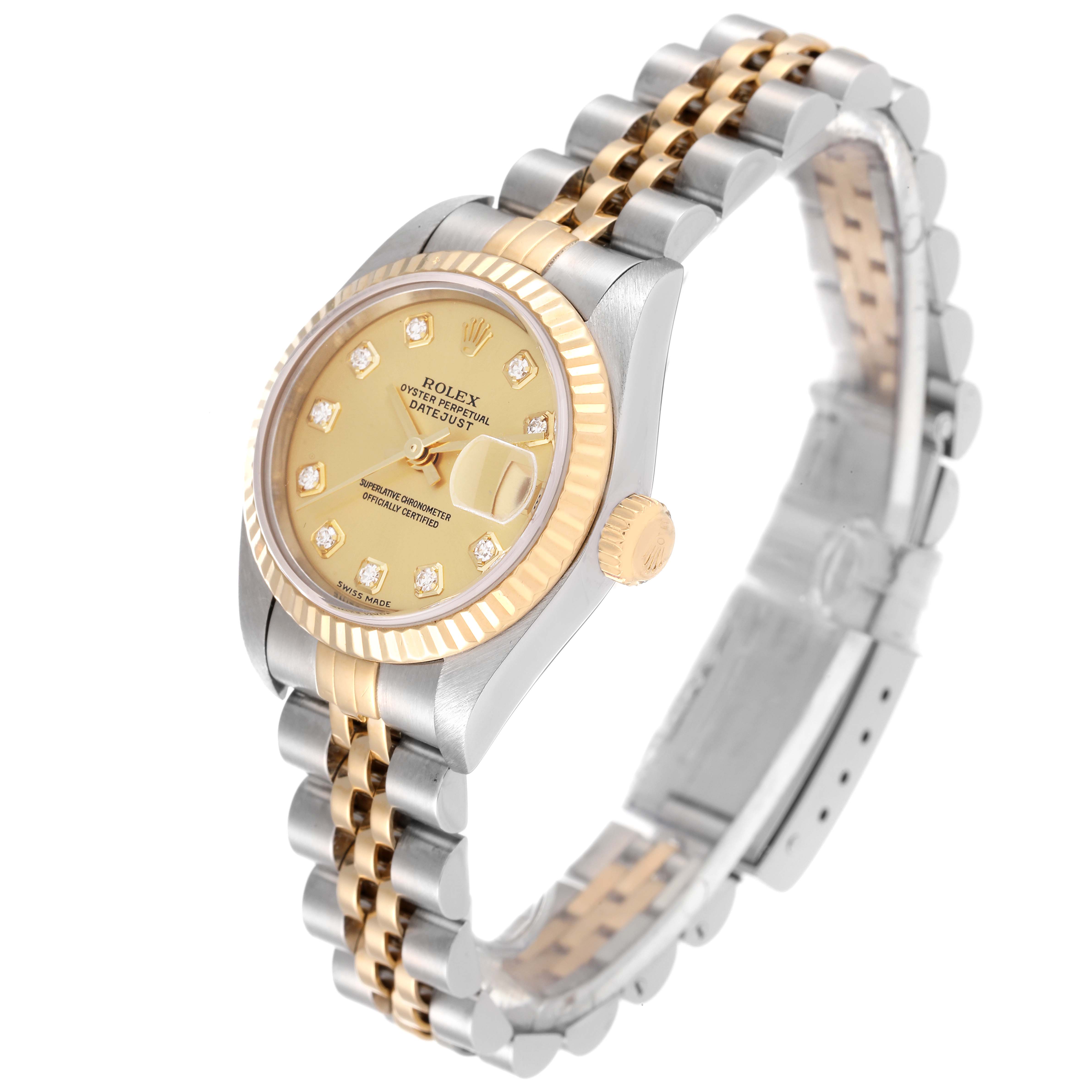 The image shows a Rolex Datejust 79173 Women's Steel and Gold (two tone) Champagne Dial 79173 Women's Steel and Gold (two tone) Champagne Dial watch in an angled view, highlighting its dial, bezel, crown, and bracelet.