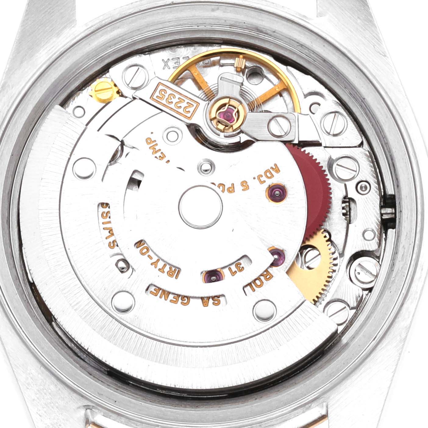 The image shows the internal mechanism of a Rolex Datejust 79173 Women's Steel and Gold (two tone) Champagne Dial 79173 Women's Steel and Gold (two tone) Champagne Dial watch from a rear view angle without the case back.
