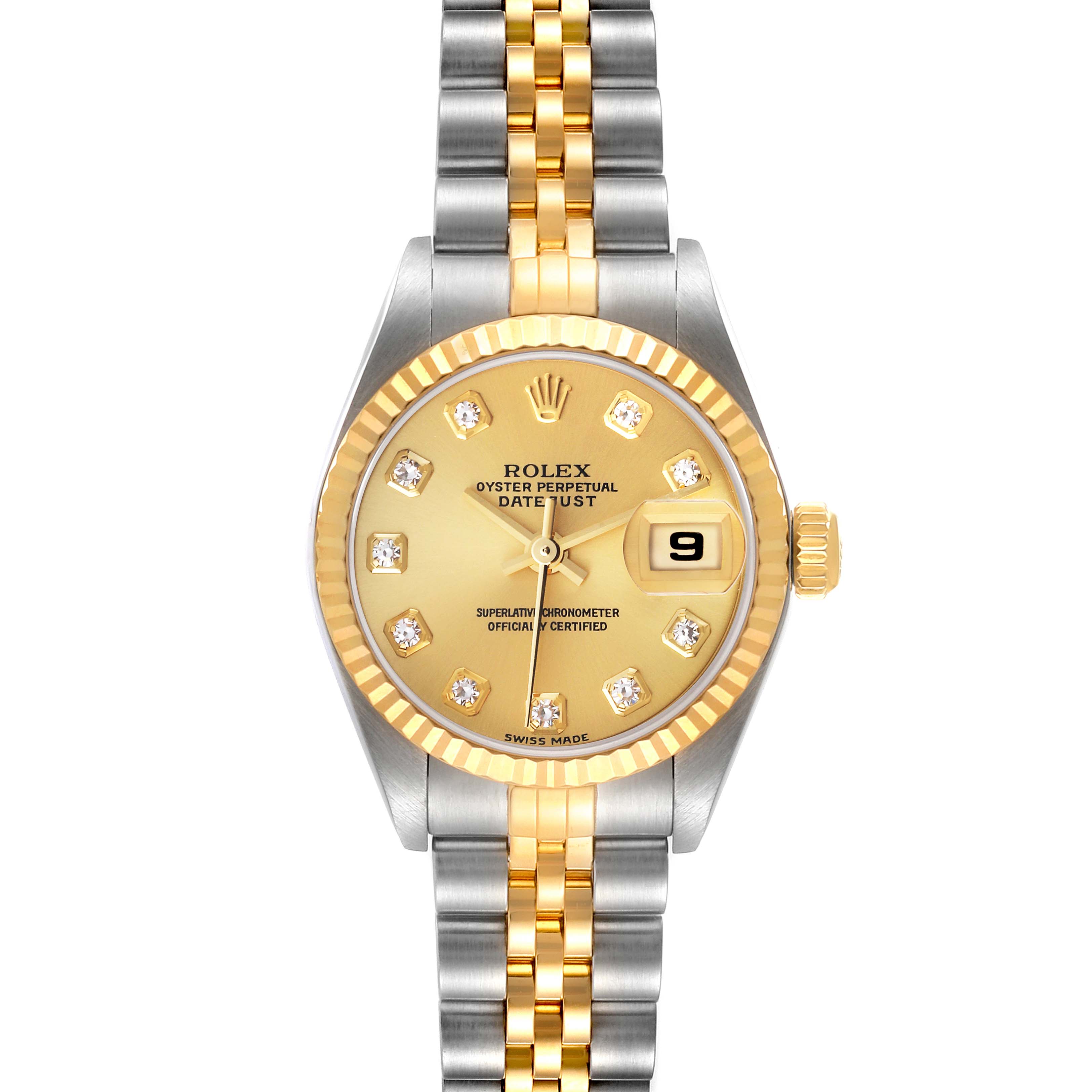 This Rolex Datejust 79173 Women's Steel and Gold (two tone) Champagne Dial 79173 Women's Steel and Gold (two tone) Champagne Dial watch is viewed from the front, showing the face, bezel, and a portion of the bracelet.