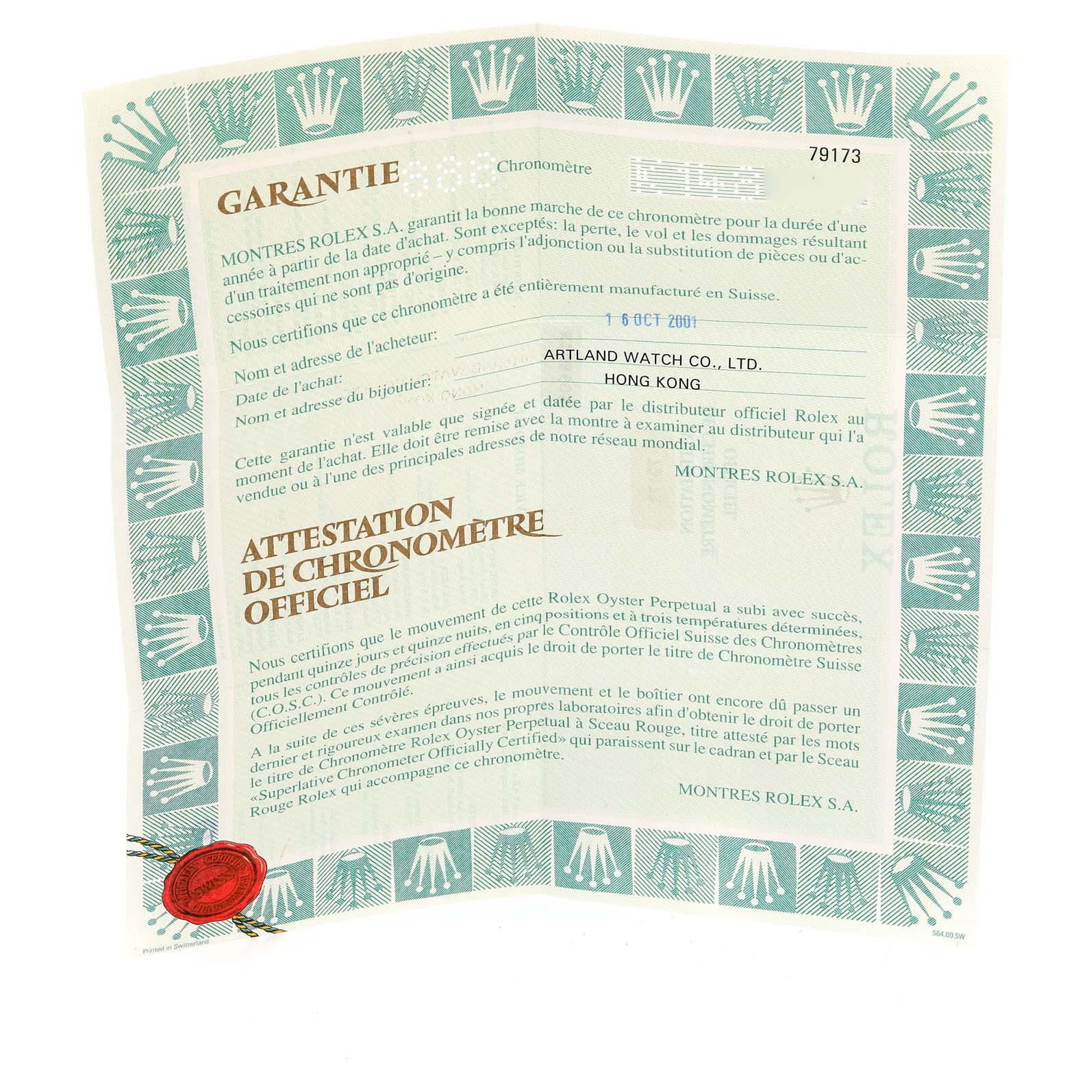 This image shows the Rolex Datejust 79173 Women's Steel and Gold (two tone) Champagne Dial 79173 Women's Steel and Gold (two tone) Champagne Dial model’s official warranty document, including the Chronometer certification.