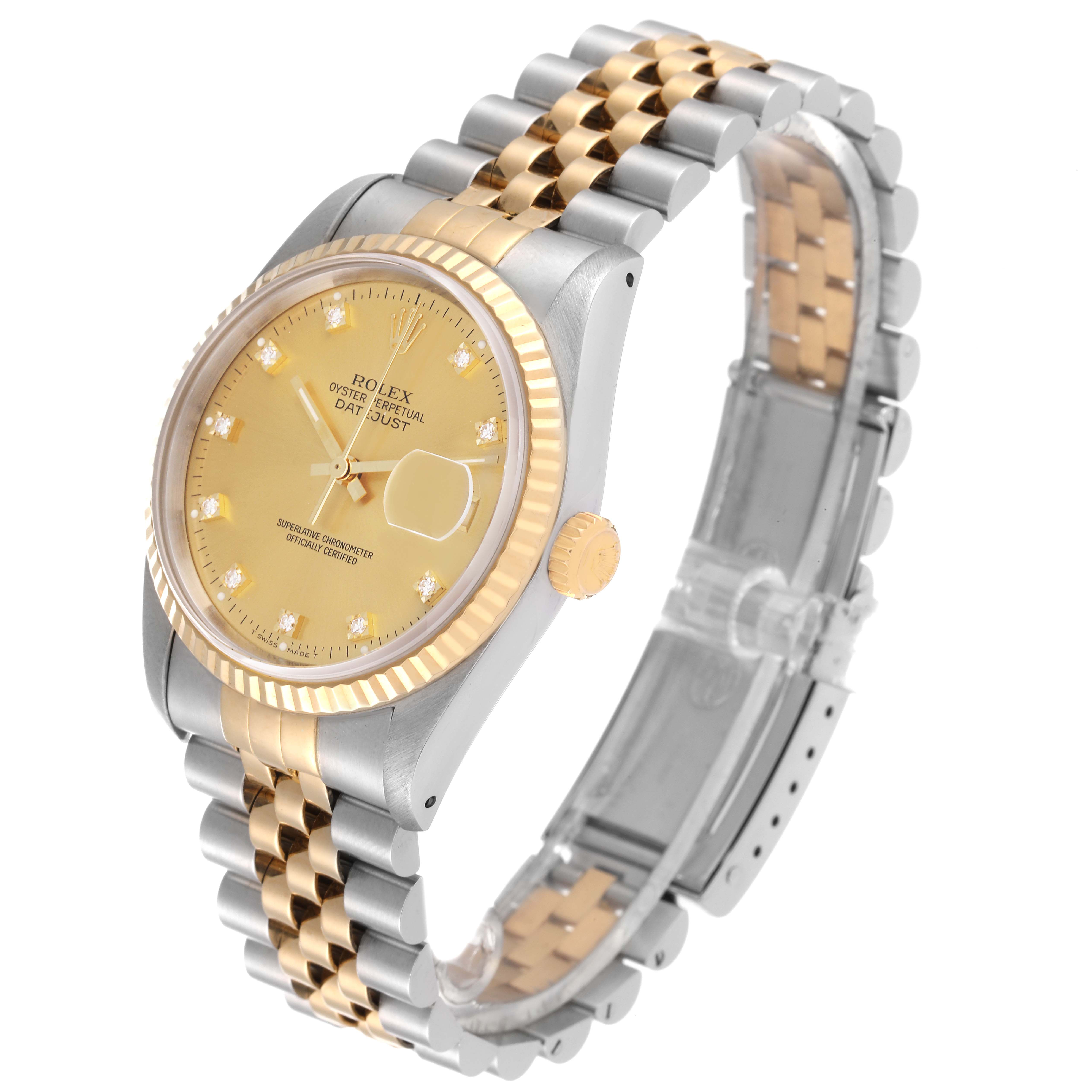 The image shows a Rolex Datejust 16233 Men's Steel and Gold (two tone) Champagne Dial 16233 Men's Steel and Gold (two tone) Champagne Dial watch at a three-quarter angle, highlighting the dial, bezel, and bracelet.