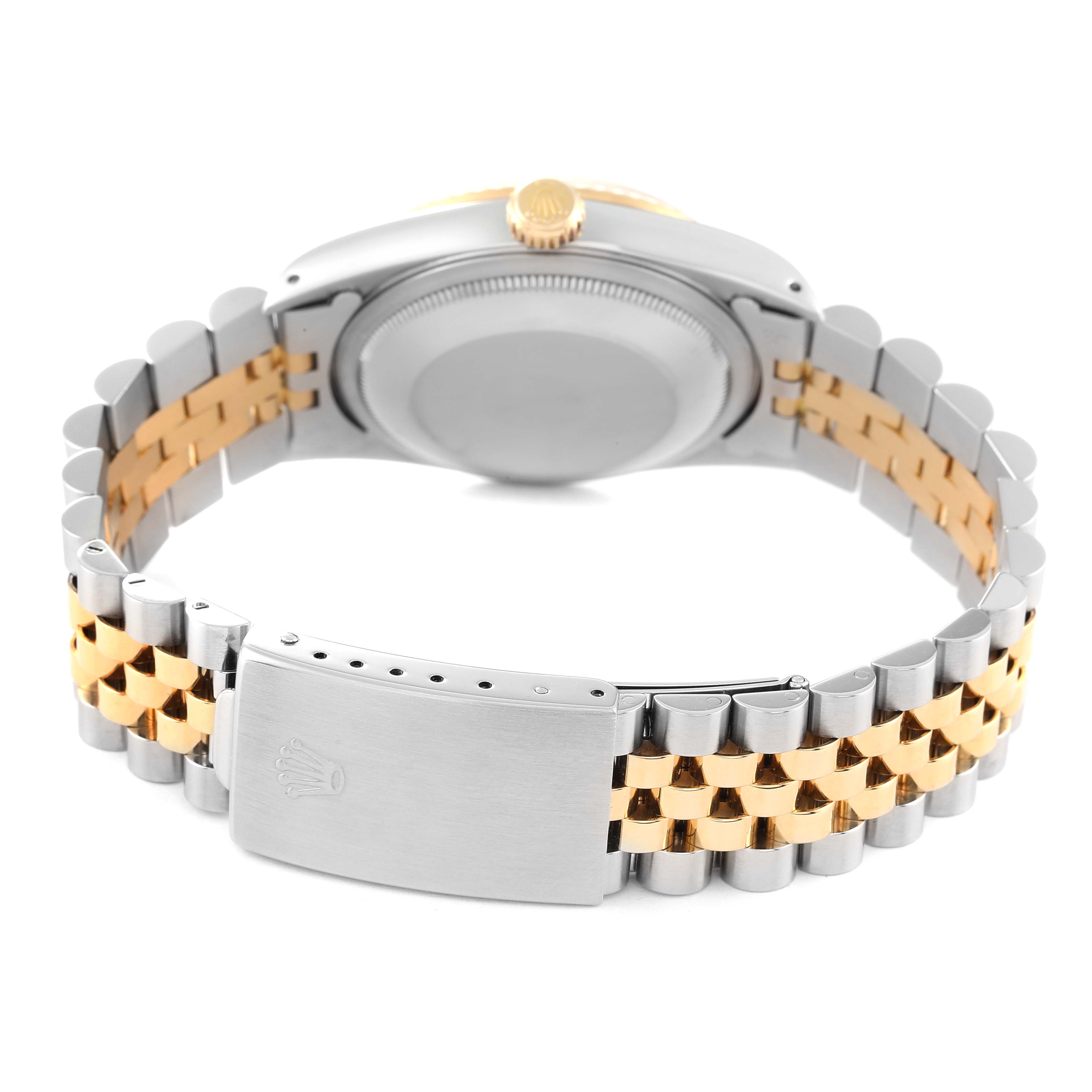 This image shows the back view of a Rolex Datejust 16233 Men's Steel and Gold (two tone) Champagne Dial 16233 Men's Steel and Gold (two tone) Champagne Dial watch, focusing on the stainless steel and gold jubilee bracelet and clasp.